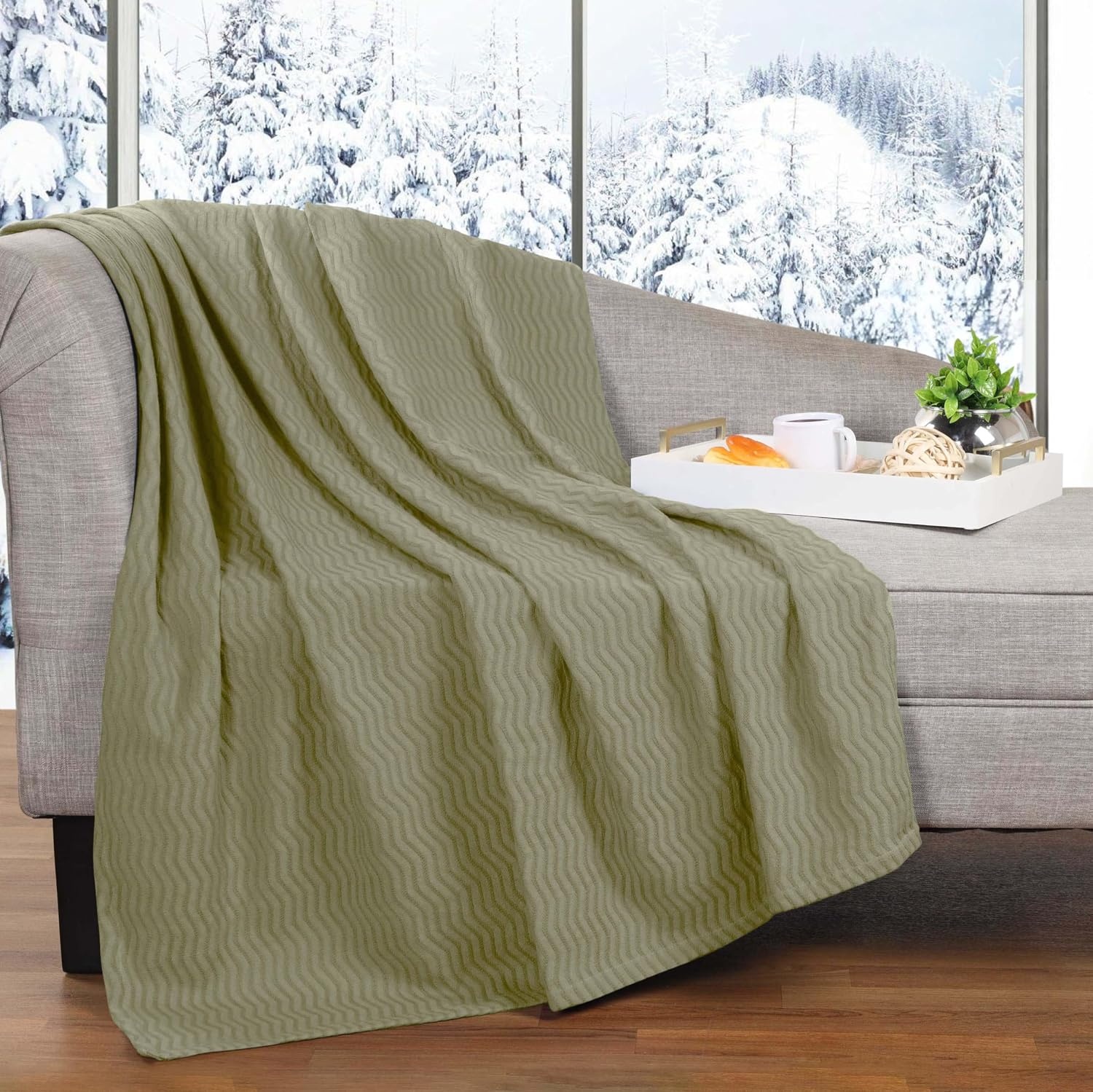 image:imageSUPERIOR JENA Cotton Blanket for Picnic Beach Traveling or Camping Bedroom Decor Essentials Cover for Bed Couch Lounging Textured Jacquard Modern Chevron Woven Blanket FullQueen IvorySage