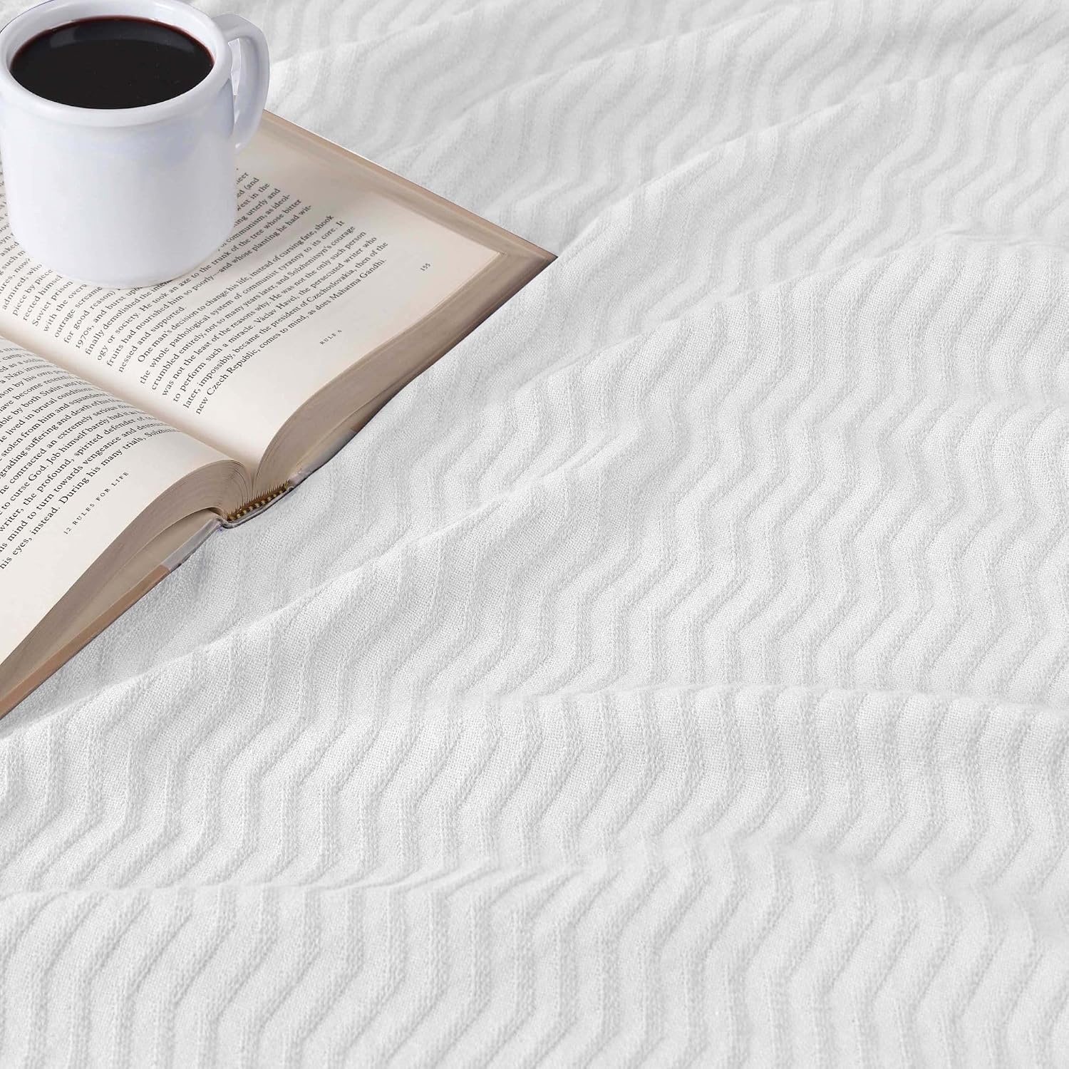 image:imageSUPERIOR JENA Cotton Blanket for Picnic Beach Traveling or Camping Bedroom Decor Essentials Cover for Bed Couch Lounging Textured Jacquard Modern Chevron Woven Blanket FullQueen IvoryWhite
