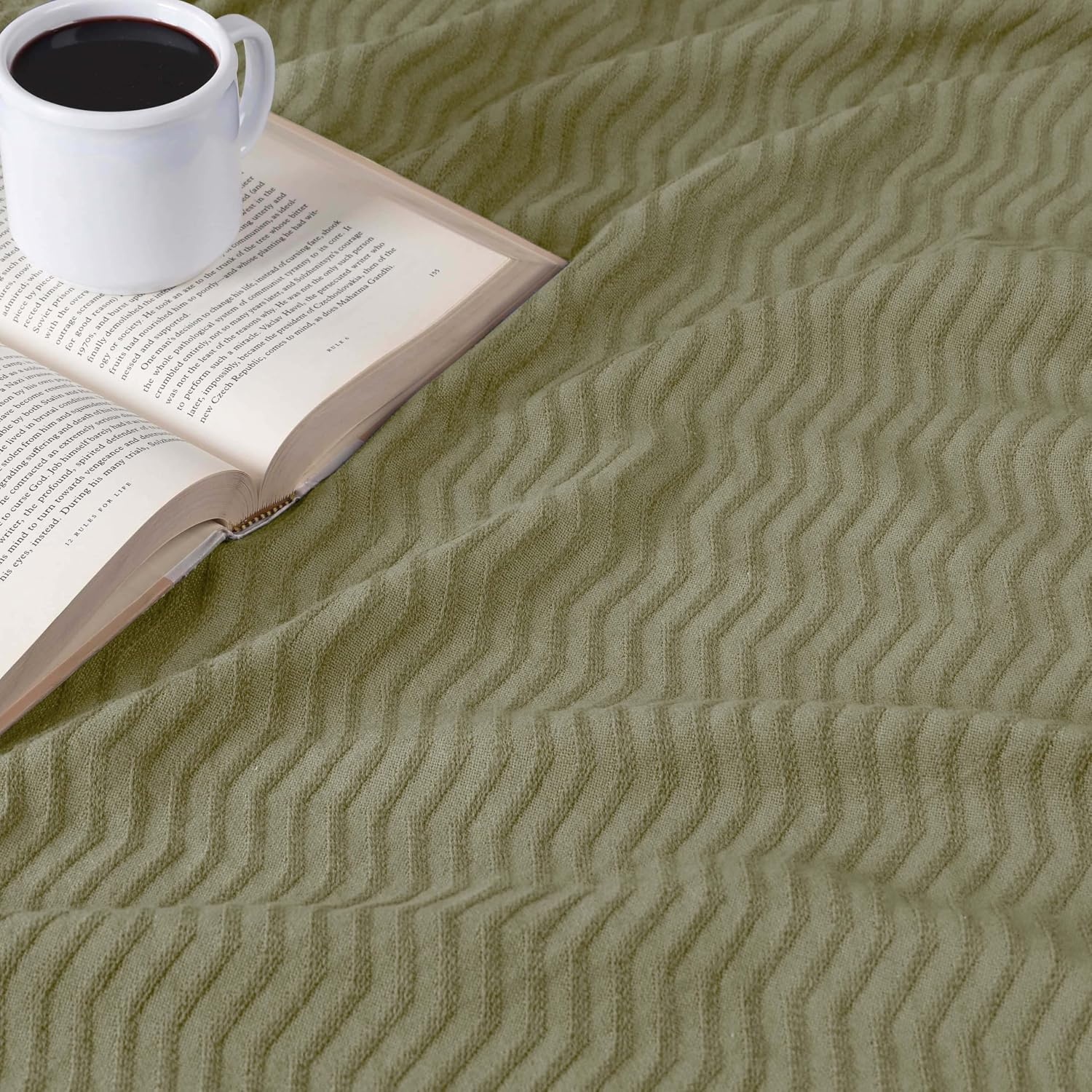 image:imageSUPERIOR JENA Cotton Blanket for Picnic Beach Traveling or Camping Bedroom Decor Essentials Cover for Bed Couch Lounging Textured Jacquard Modern Chevron Woven Blanket FullQueen IvorySage