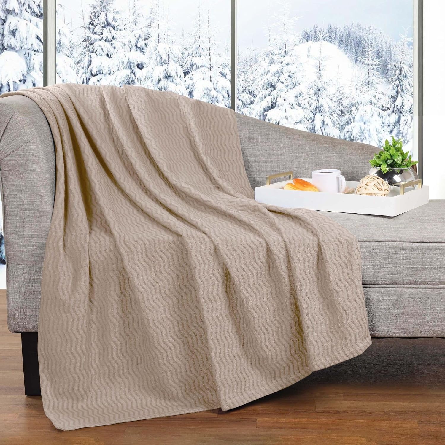image:imageSUPERIOR JENA Cotton Blanket for Picnic Beach Traveling or Camping Bedroom Decor Essentials Cover for Bed Couch Lounging Textured Jacquard Modern Chevron Woven Blanket FullQueen IvoryKhaki