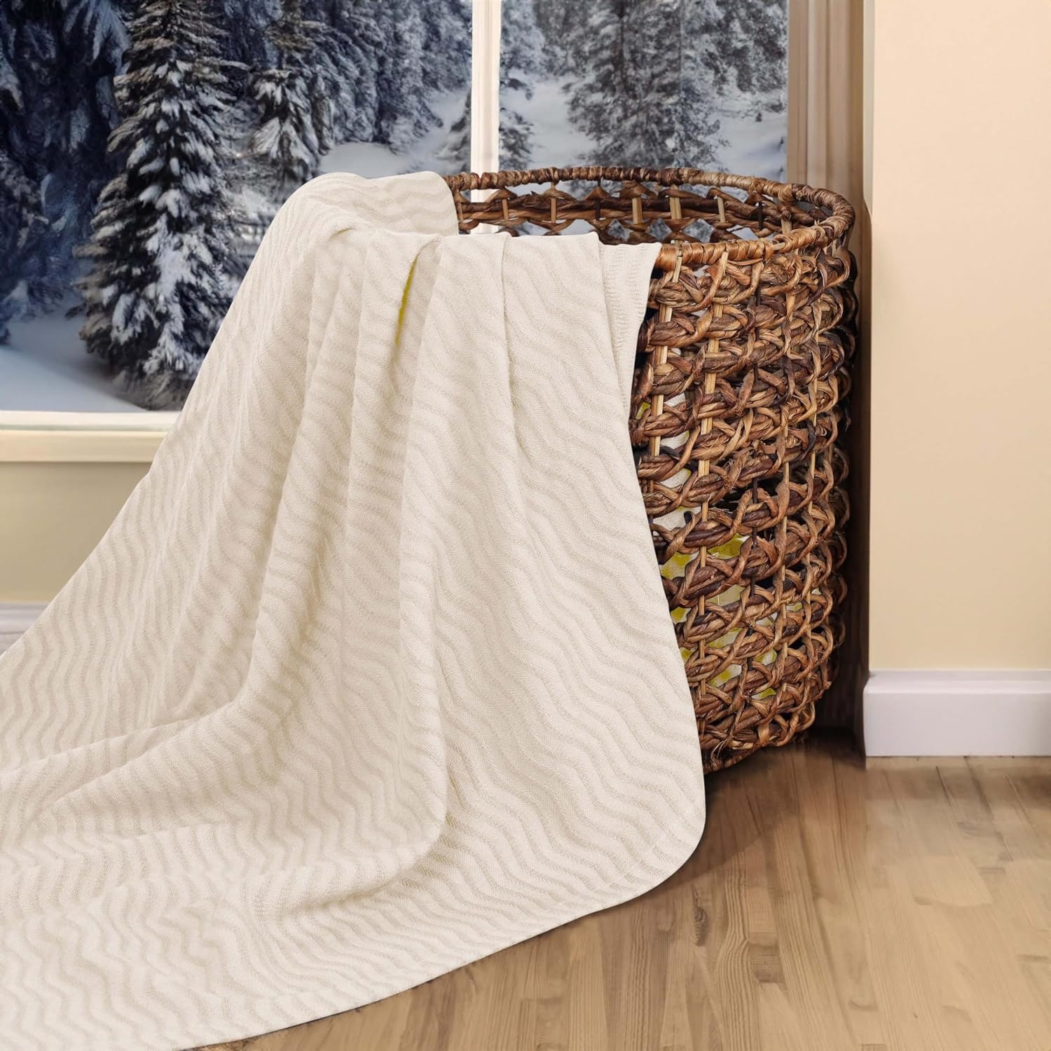 image:imageSUPERIOR JENA Cotton Blanket for Picnic Beach Traveling or Camping Bedroom Decor Essentials Cover for Bed Couch Lounging Textured Jacquard Modern Chevron Woven Blanket FullQueen IvoryIvory