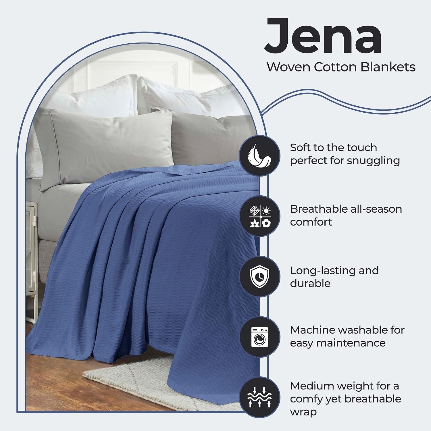 image:imageSUPERIOR JENA Cotton Blanket for Picnic Beach Traveling or Camping Bedroom Decor Essentials Cover for Bed Couch Lounging Textured Jacquard Modern Chevron Woven Blanket FullQueen IvoryMerritt Blue
