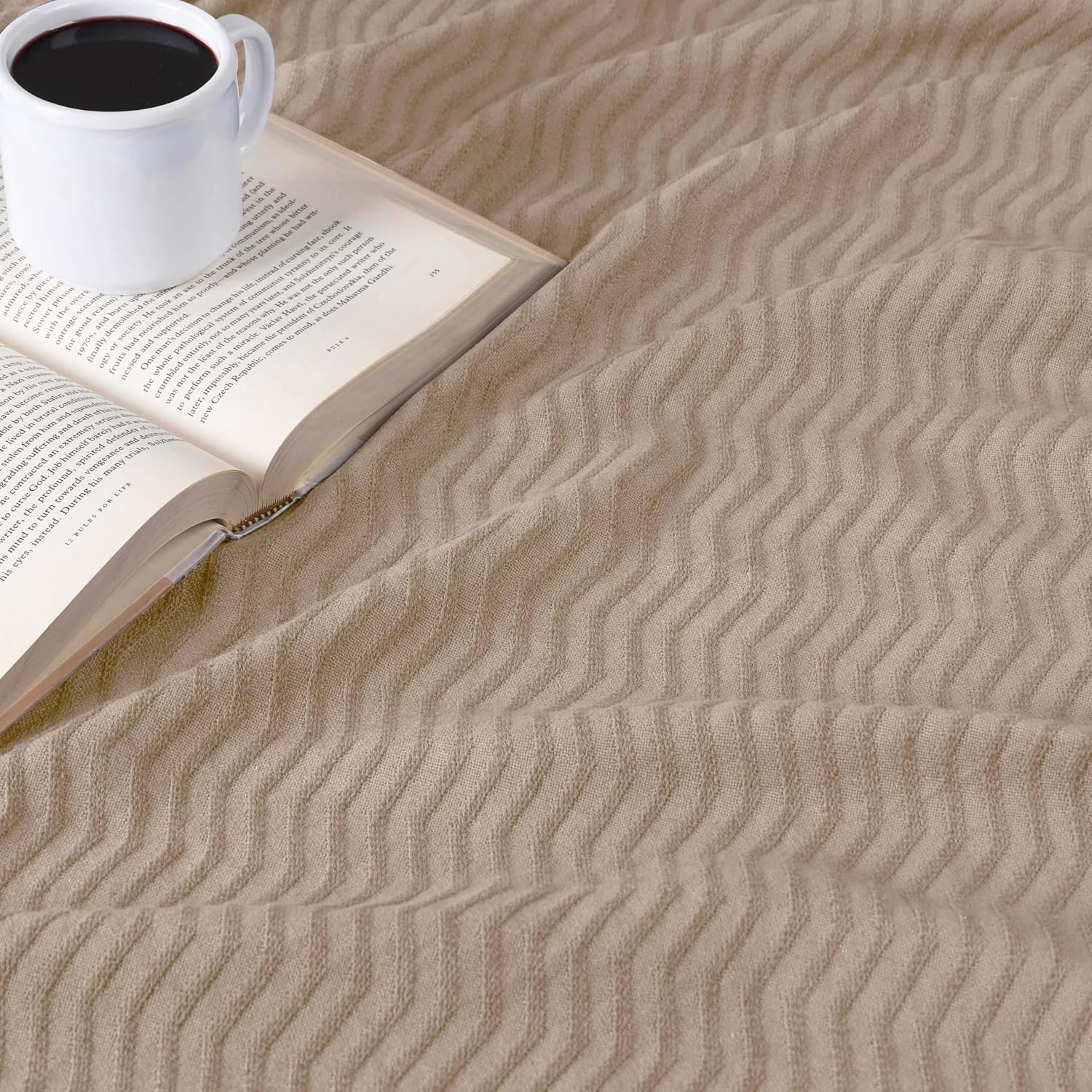 image:imageSUPERIOR JENA Cotton Blanket for Picnic Beach Traveling or Camping Bedroom Decor Essentials Cover for Bed Couch Lounging Textured Jacquard Modern Chevron Woven Blanket FullQueen IvoryKhaki
