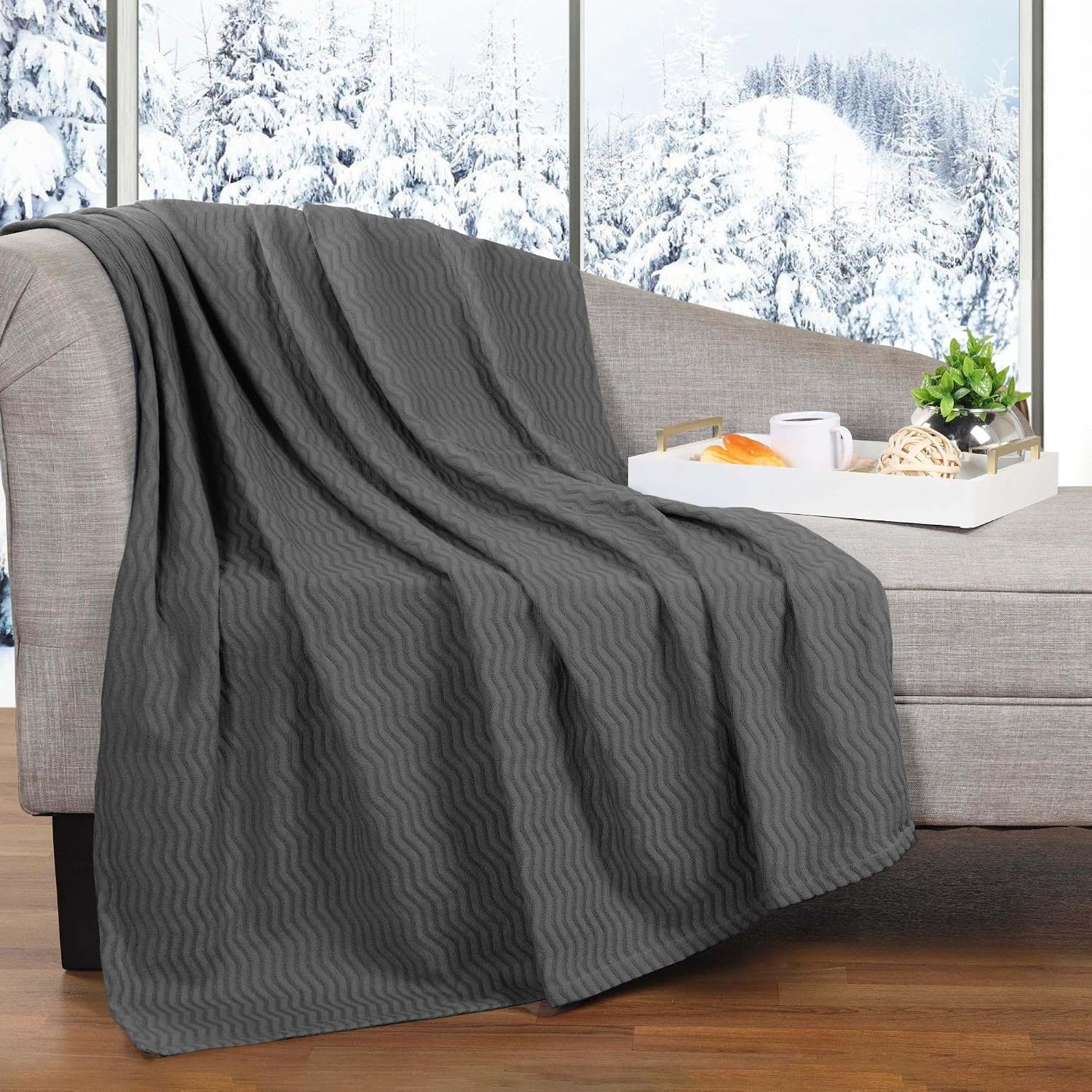 image:imageSUPERIOR JENA Cotton Blanket for Picnic Beach Traveling or Camping Bedroom Decor Essentials Cover for Bed Couch Lounging Textured Jacquard Modern Chevron Woven Blanket FullQueen IvoryCharcoal