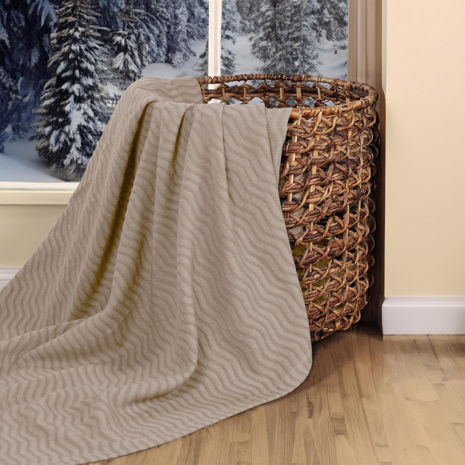 image:imageSUPERIOR JENA Cotton Blanket for Picnic Beach Traveling or Camping Bedroom Decor Essentials Cover for Bed Couch Lounging Textured Jacquard Modern Chevron Woven Blanket FullQueen IvoryKhaki