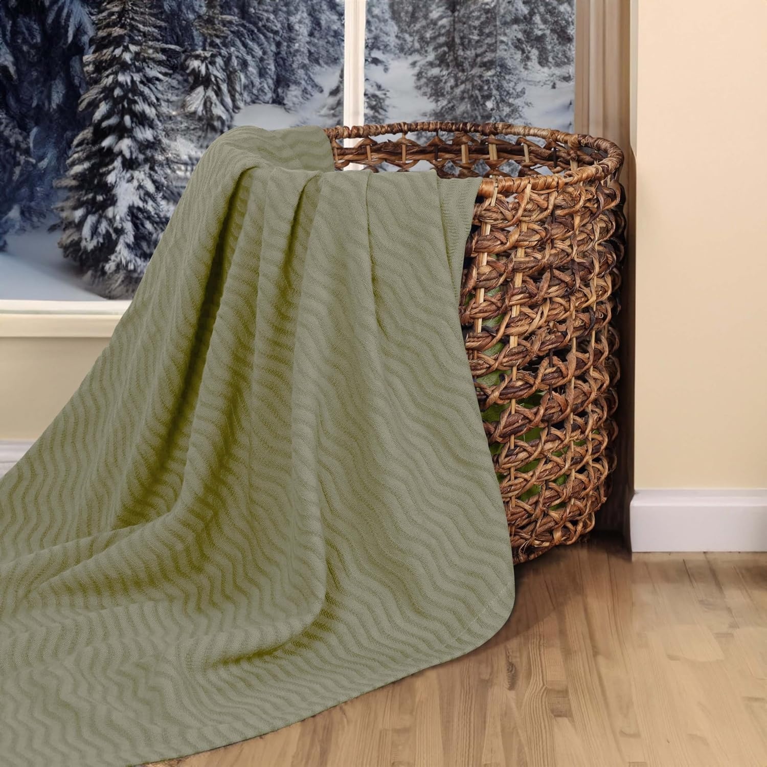 image:imageSUPERIOR JENA Cotton Blanket for Picnic Beach Traveling or Camping Bedroom Decor Essentials Cover for Bed Couch Lounging Textured Jacquard Modern Chevron Woven Blanket FullQueen IvorySage