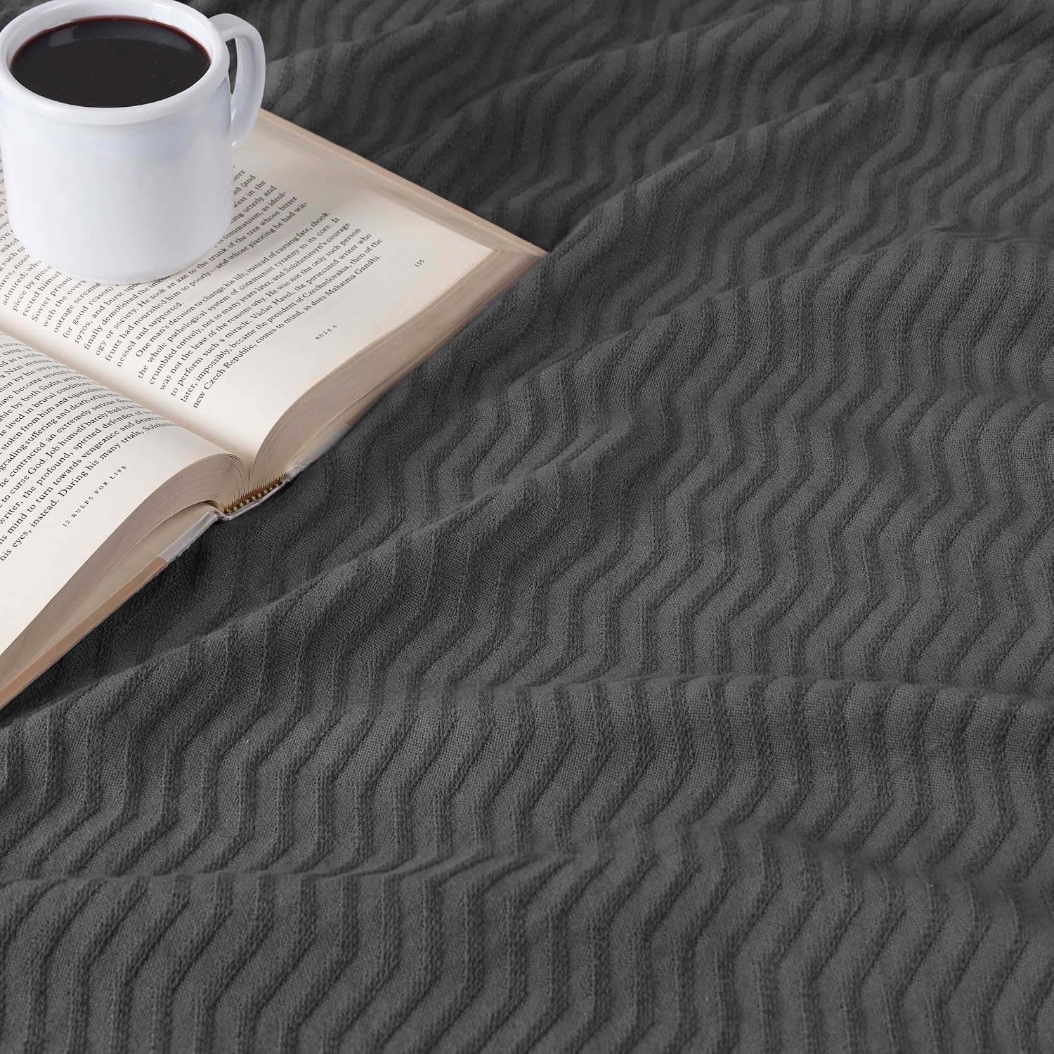 image:imageSUPERIOR JENA Cotton Blanket for Picnic Beach Traveling or Camping Bedroom Decor Essentials Cover for Bed Couch Lounging Textured Jacquard Modern Chevron Woven Blanket FullQueen IvoryCharcoal