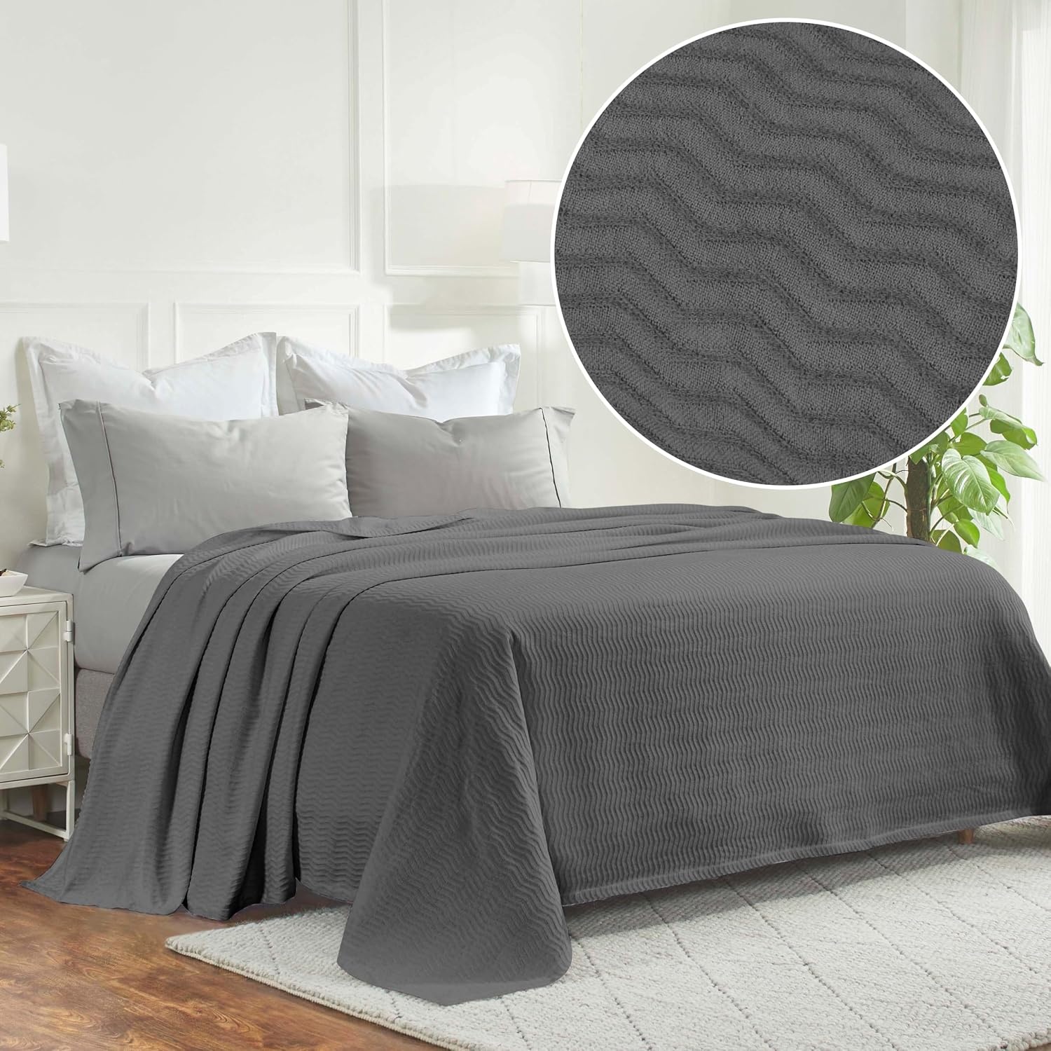image:imageSUPERIOR JENA Cotton Blanket for Picnic Beach Traveling or Camping Bedroom Decor Essentials Cover for Bed Couch Lounging Textured Jacquard Modern Chevron Woven Blanket FullQueen IvoryCharcoal