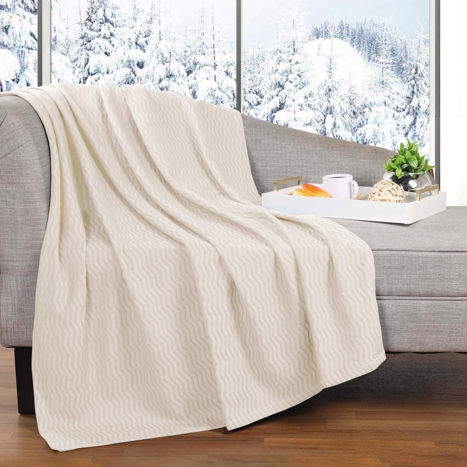 image:imageSUPERIOR JENA Cotton Blanket for Picnic Beach Traveling or Camping Bedroom Decor Essentials Cover for Bed Couch Lounging Textured Jacquard Modern Chevron Woven Blanket FullQueen IvoryIvory