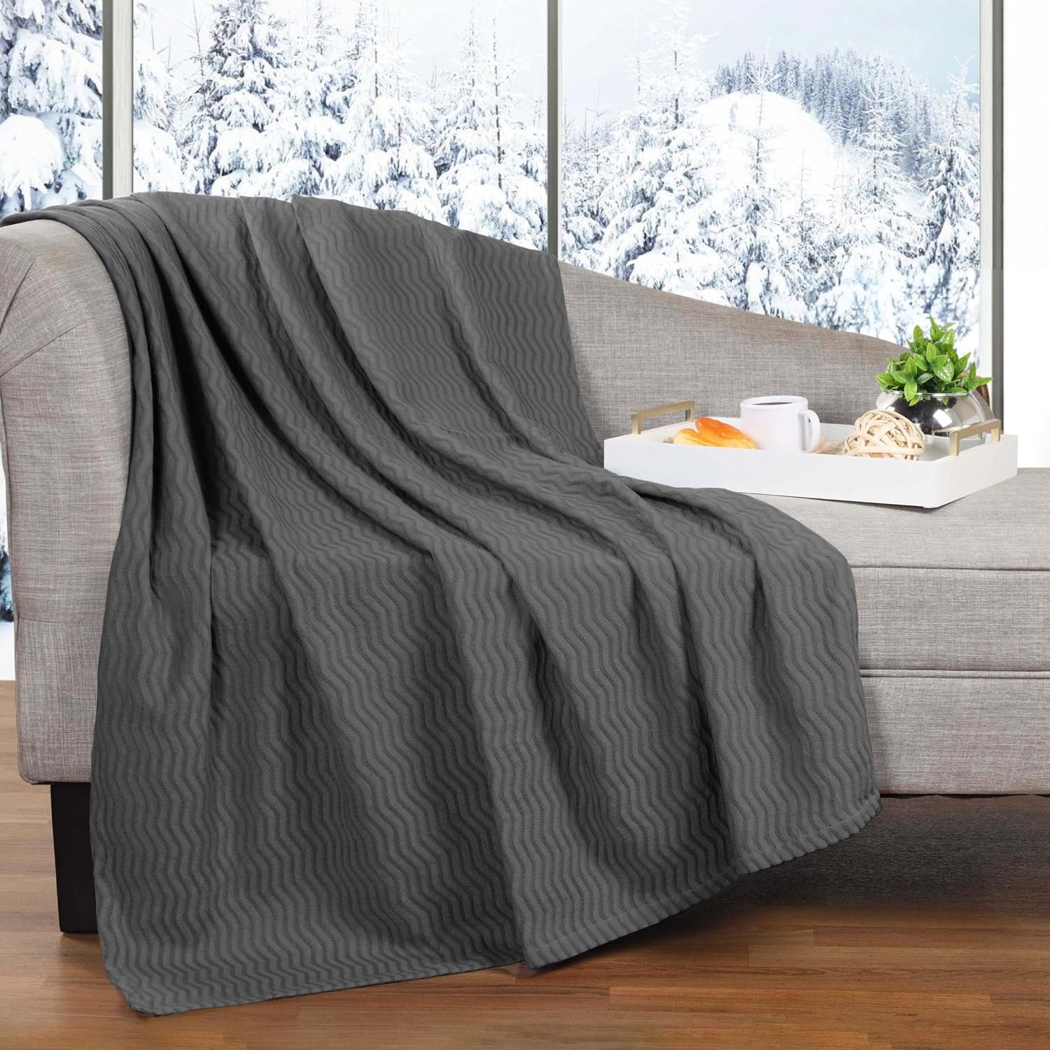 image:imageSUPERIOR JENA Cotton Blanket for Picnic Beach Traveling or Camping Bedroom Decor Essentials Cover for Bed Couch Lounging Textured Jacquard Modern Chevron Woven Blanket FullQueen IvoryCharcoal