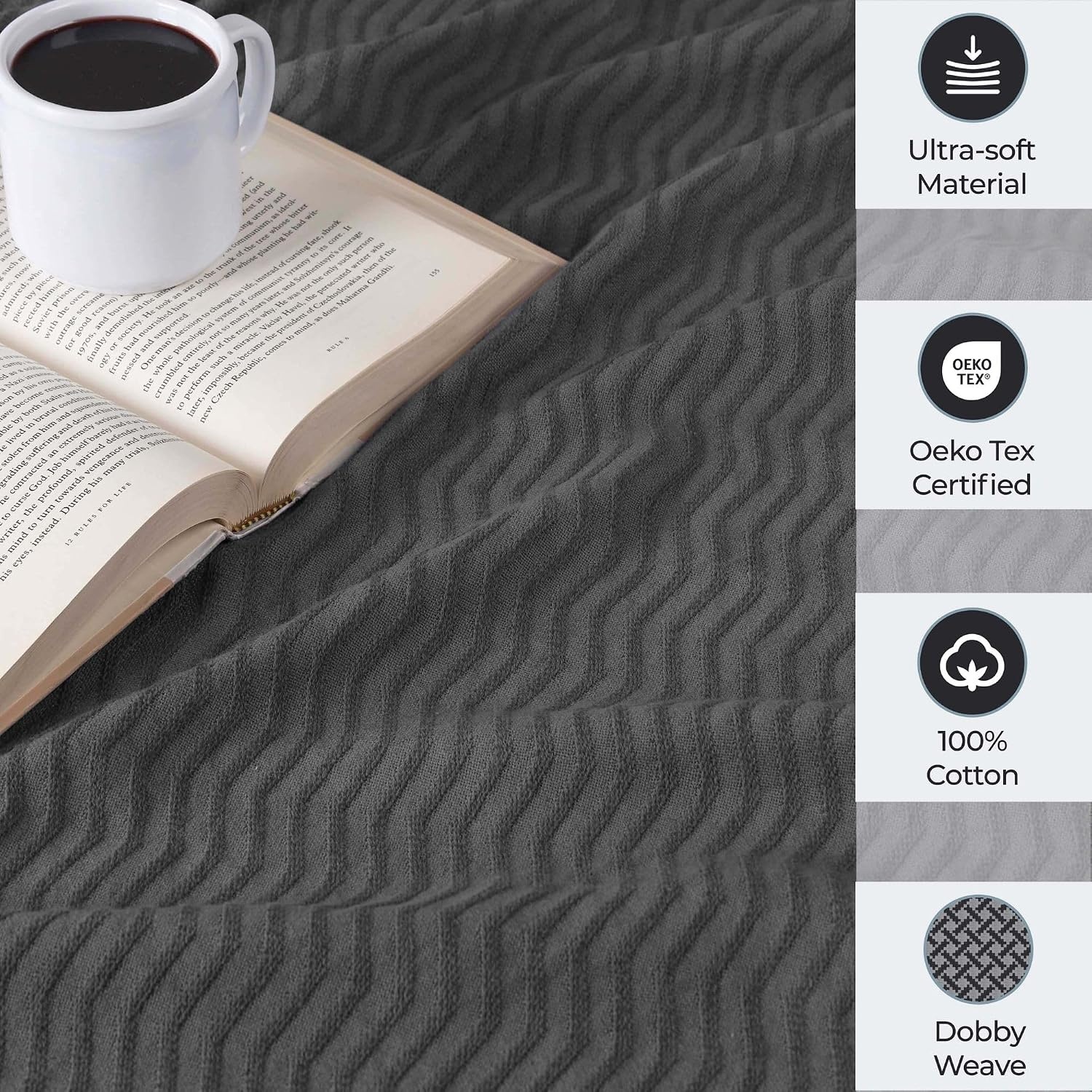 image:imageSUPERIOR JENA Cotton Blanket for Picnic Beach Traveling or Camping Bedroom Decor Essentials Cover for Bed Couch Lounging Textured Jacquard Modern Chevron Woven Blanket FullQueen IvoryCharcoal