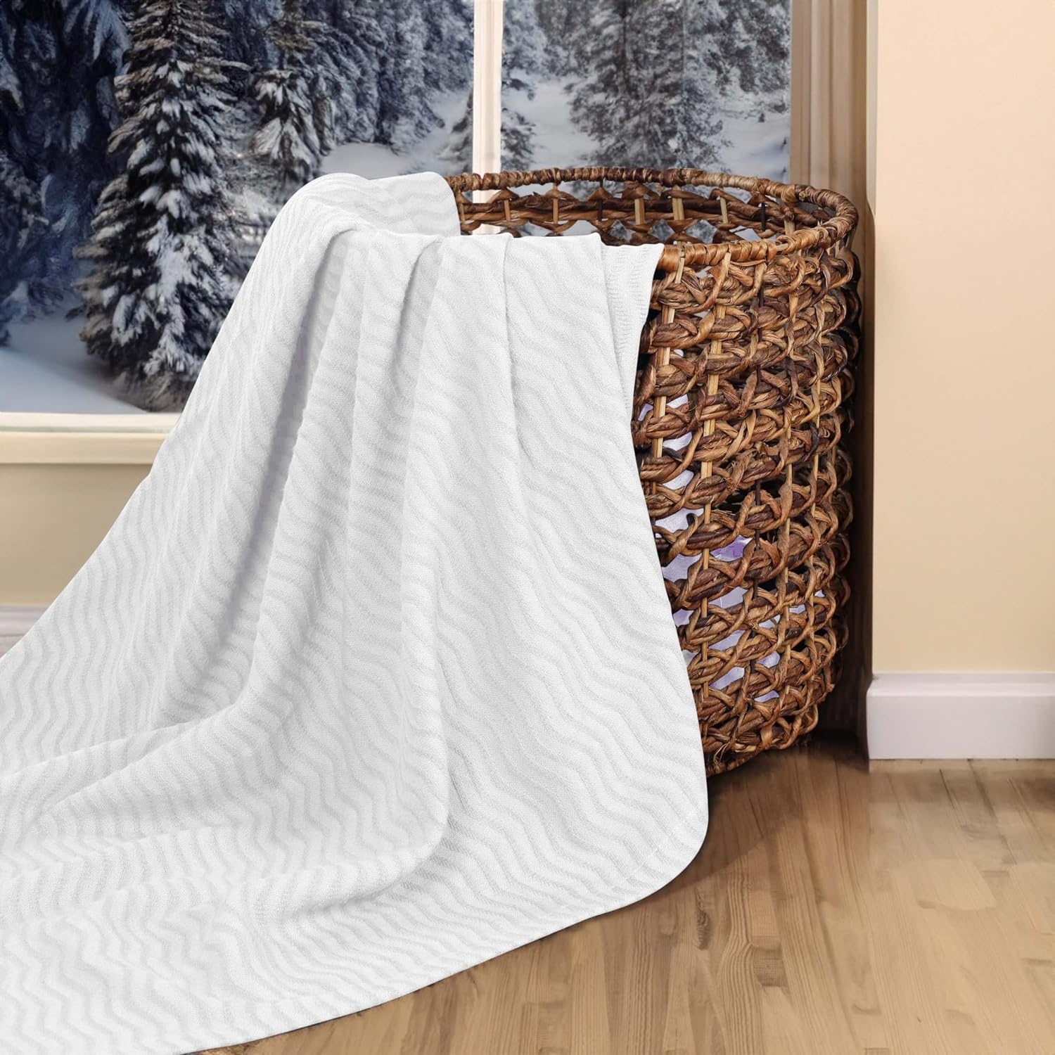 image:imageSUPERIOR JENA Cotton Blanket for Picnic Beach Traveling or Camping Bedroom Decor Essentials Cover for Bed Couch Lounging Textured Jacquard Modern Chevron Woven Blanket FullQueen IvoryWhite