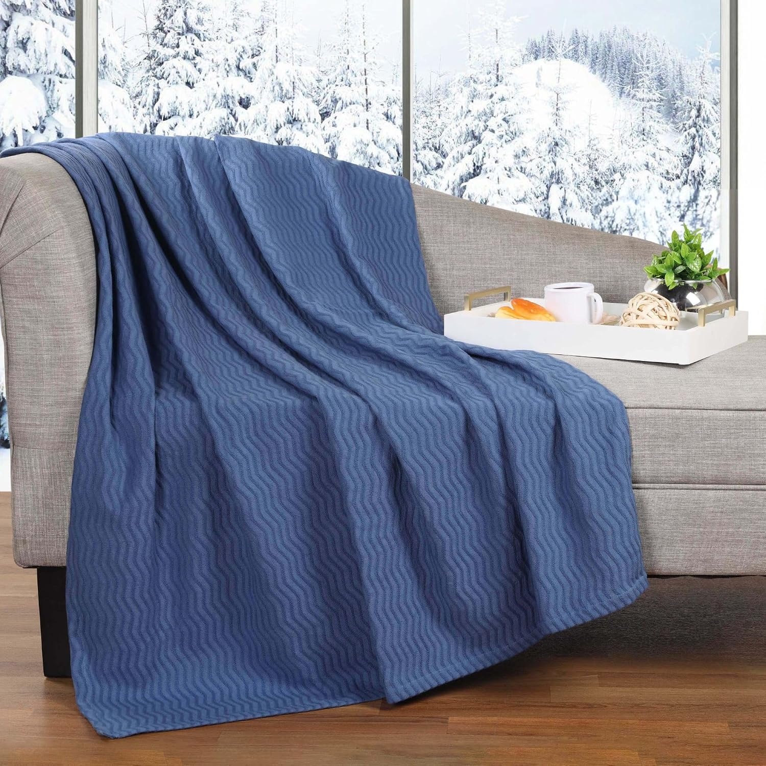 image:imageSUPERIOR JENA Cotton Blanket for Picnic Beach Traveling or Camping Bedroom Decor Essentials Cover for Bed Couch Lounging Textured Jacquard Modern Chevron Woven Blanket FullQueen IvoryMerritt Blue