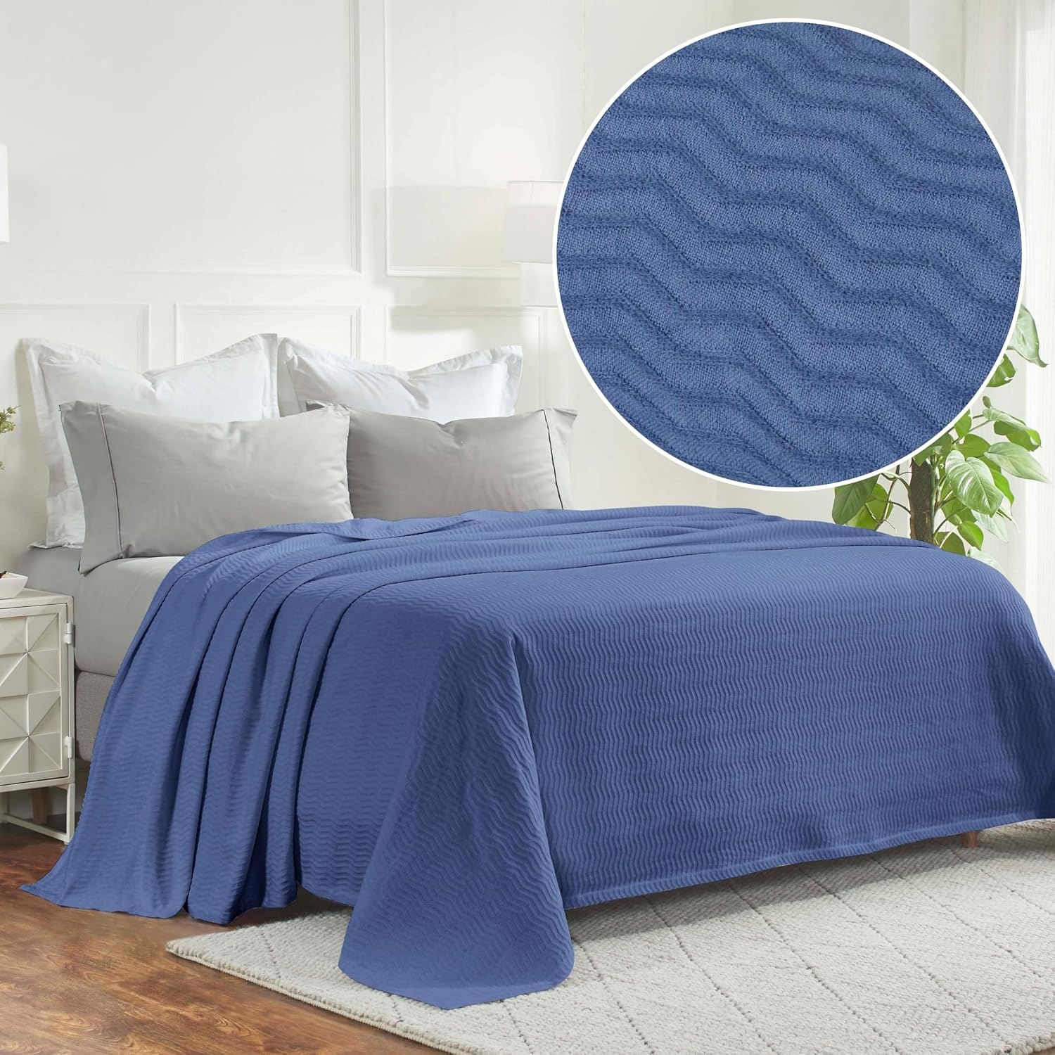 image:imageSUPERIOR JENA Cotton Blanket for Picnic Beach Traveling or Camping Bedroom Decor Essentials Cover for Bed Couch Lounging Textured Jacquard Modern Chevron Woven Blanket FullQueen IvoryMerritt Blue