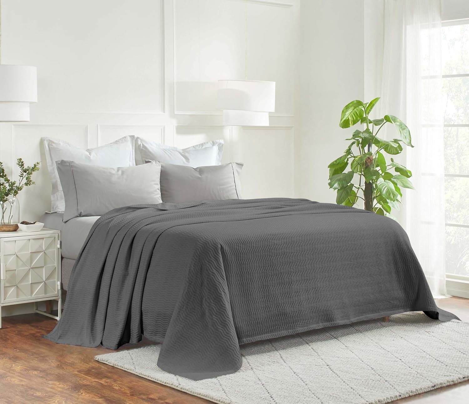 image:imageSUPERIOR JENA Cotton Blanket for Picnic Beach Traveling or Camping Bedroom Decor Essentials Cover for Bed Couch Lounging Textured Jacquard Modern Chevron Woven Blanket FullQueen IvoryCharcoal