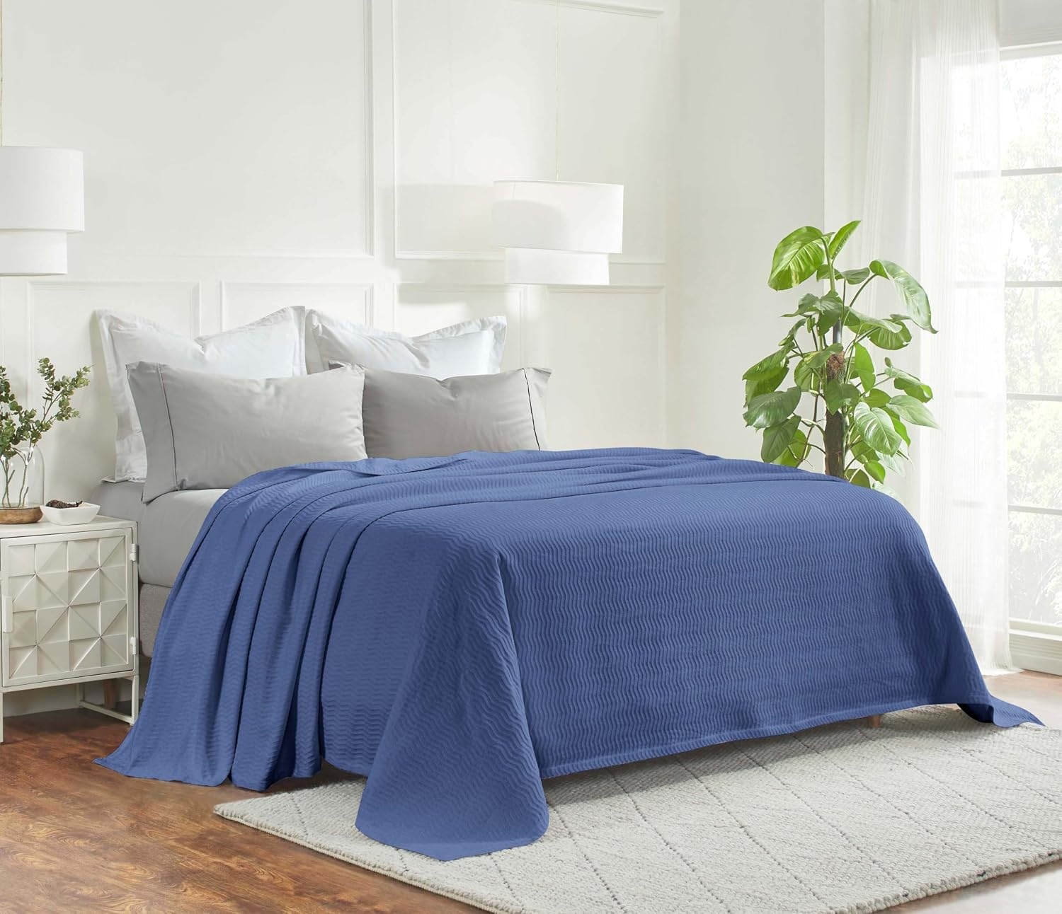 image:imageSUPERIOR JENA Cotton Blanket for Picnic Beach Traveling or Camping Bedroom Decor Essentials Cover for Bed Couch Lounging Textured Jacquard Modern Chevron Woven Blanket FullQueen IvoryMerritt Blue