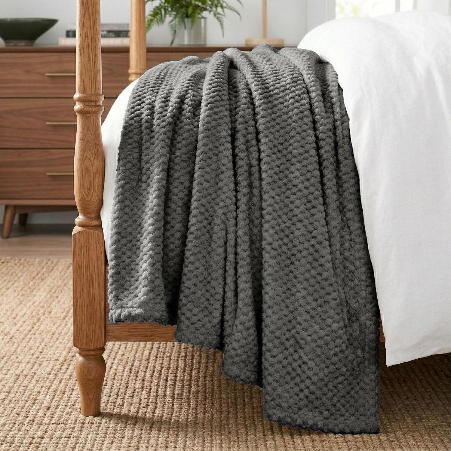 image:imageSUPERIOR Lily Pebbled Fluffy Fleece Blanket Artisanal Popcorn Texture Soft Throw for Couch Bed and Living Room Decor Bedroom Essentials Extra Cozy Fuzzy Warm Cover King Size WhiteCharcoal