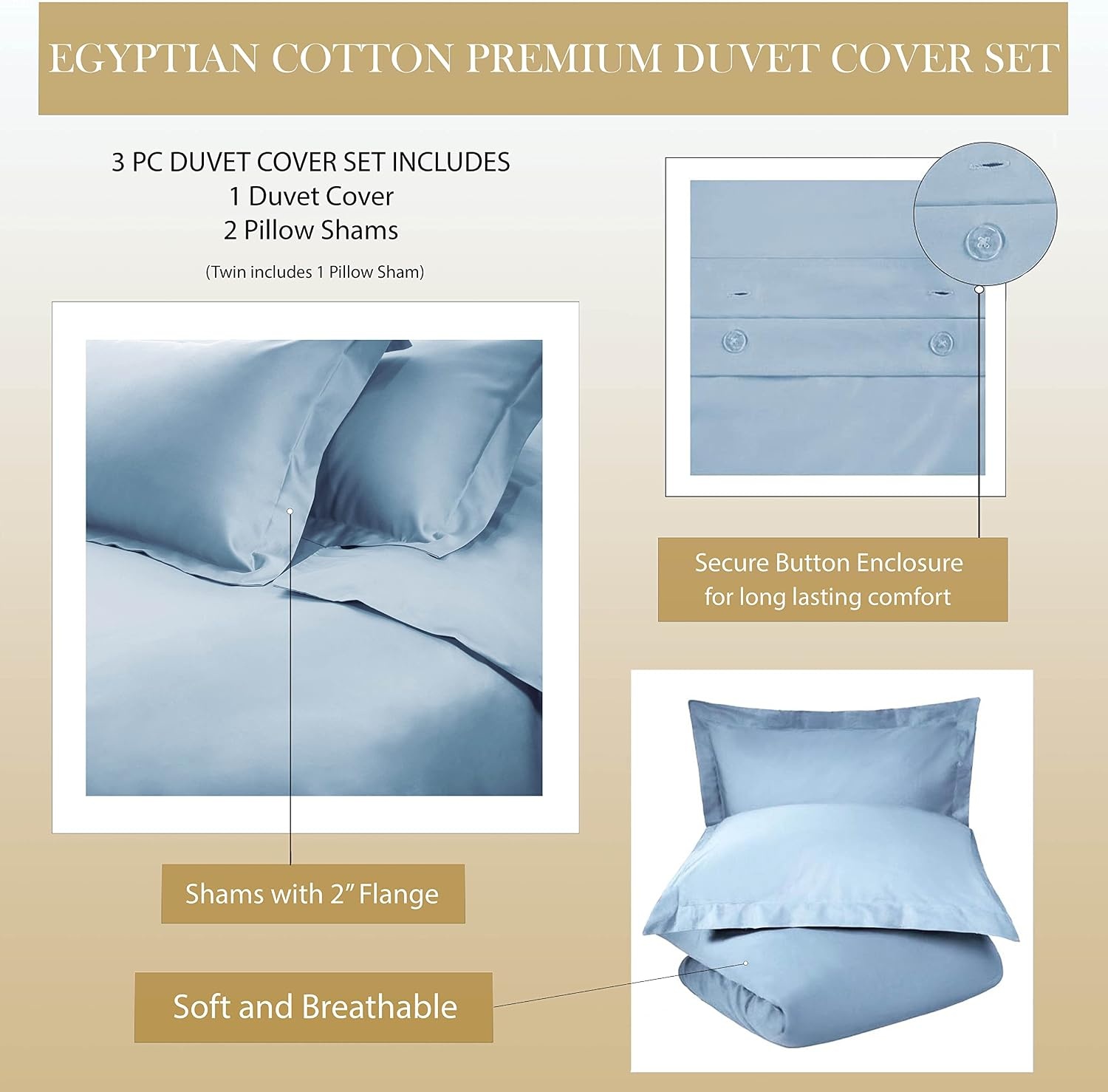 image:imageSuperior Egyptian Cotton 1000 Thread Count Duvet Cover Set Bed Covers Includes 1 Duvet Cover with Button Closure 2 Pillow Shams Oversized Bedding Decor FullQueen GoldIvory
