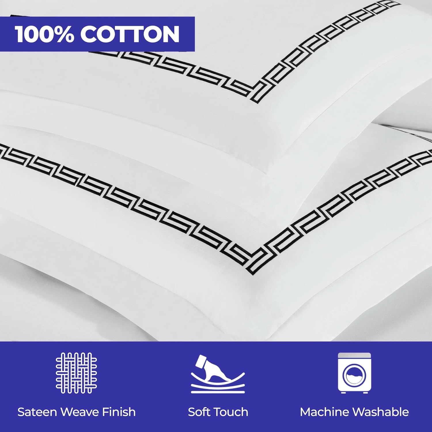 image:imageSuperior Embroidered Cotton Duvet Cover Set Soft Bedding Covers 1 Duvet Cover with Button Closure 2 Pillow Shams Greek Key Design Harrison Collection FullQueen Size WhiteWhiteWhiteblack