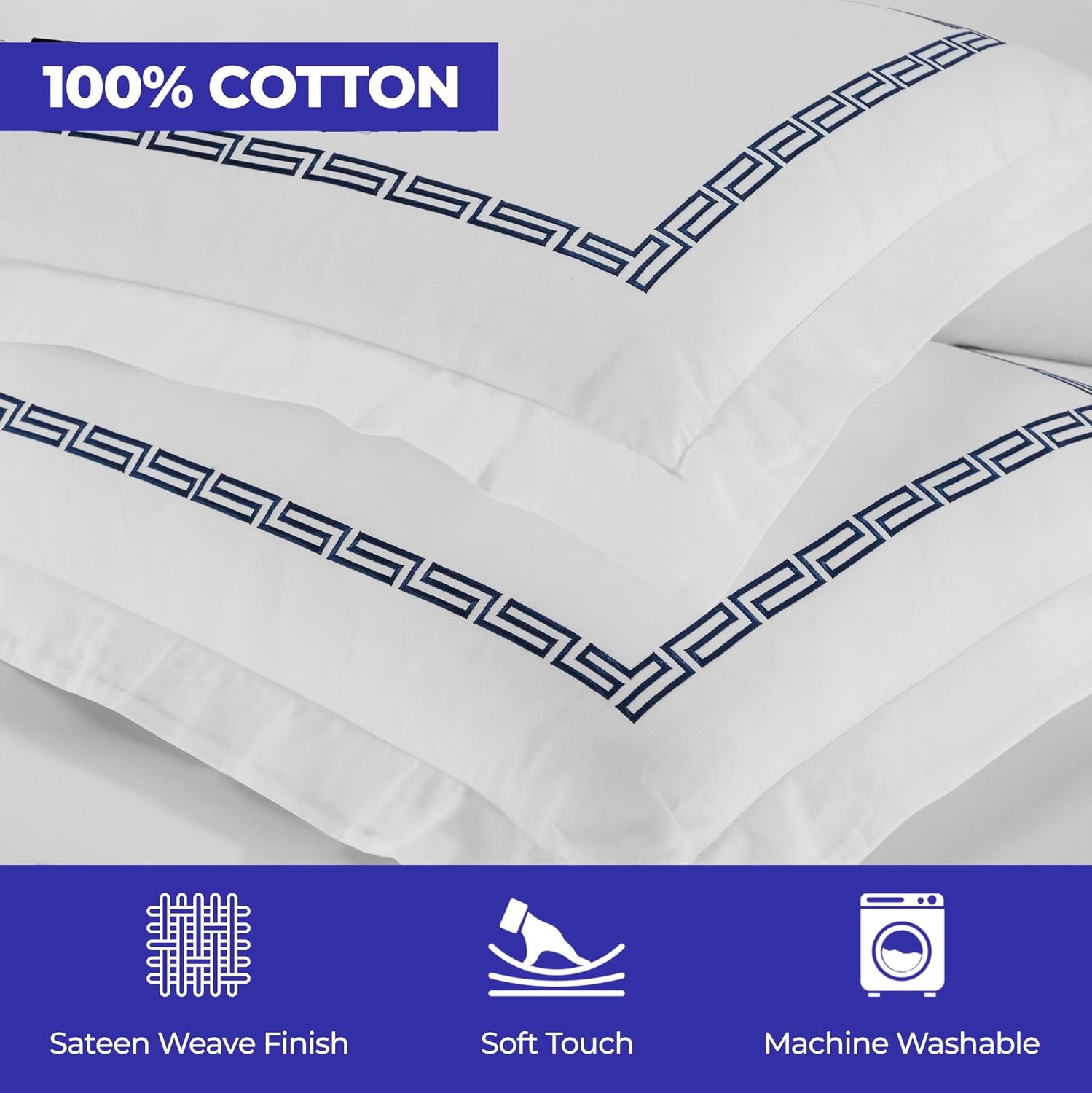 image:imageSuperior Embroidered Cotton Duvet Cover Set Soft Bedding Covers 1 Duvet Cover with Button Closure 2 Pillow Shams Greek Key Design Harrison Collection FullQueen Size WhiteWhiteWhitenavy Blue