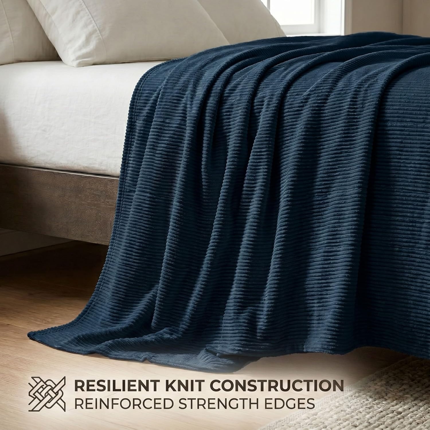 image:imageSuperior Kacey Ribbed Fluffy Fleece Blanket Textured Corduroy Style Tailored Throw for Couch Bed and Living Room Decor Bedroom Essentials Cozy Warm Thermal Cover King Size WhiteNavy Blue