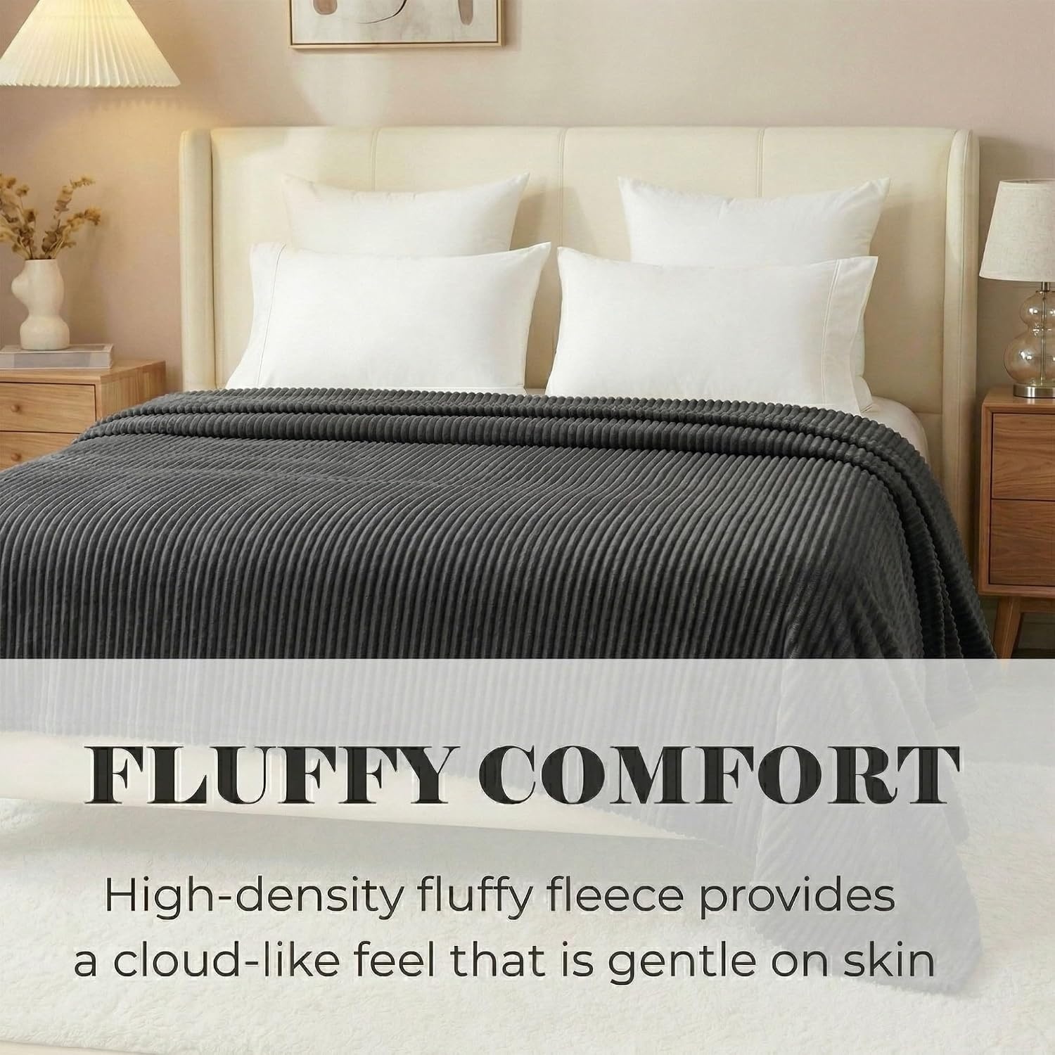 image:imageSuperior Kacey Ribbed Fluffy Fleece Blanket Textured Corduroy Style Tailored Throw for Couch Bed and Living Room Decor Bedroom Essentials Cozy Warm Thermal Cover King Size WhiteCharcoal