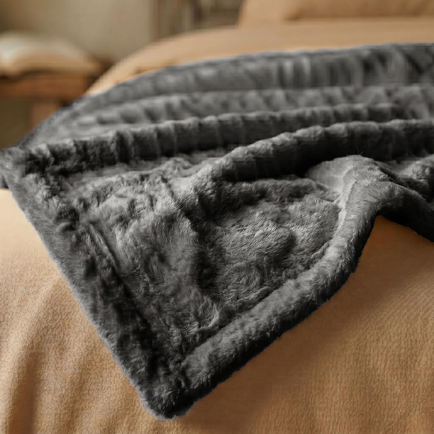 image:imageSuperior Kacey Ribbed Fluffy Fleece Blanket Textured Corduroy Style Tailored Throw for Couch Bed and Living Room Decor Bedroom Essentials Cozy Warm Thermal Cover King Size WhiteCharcoal