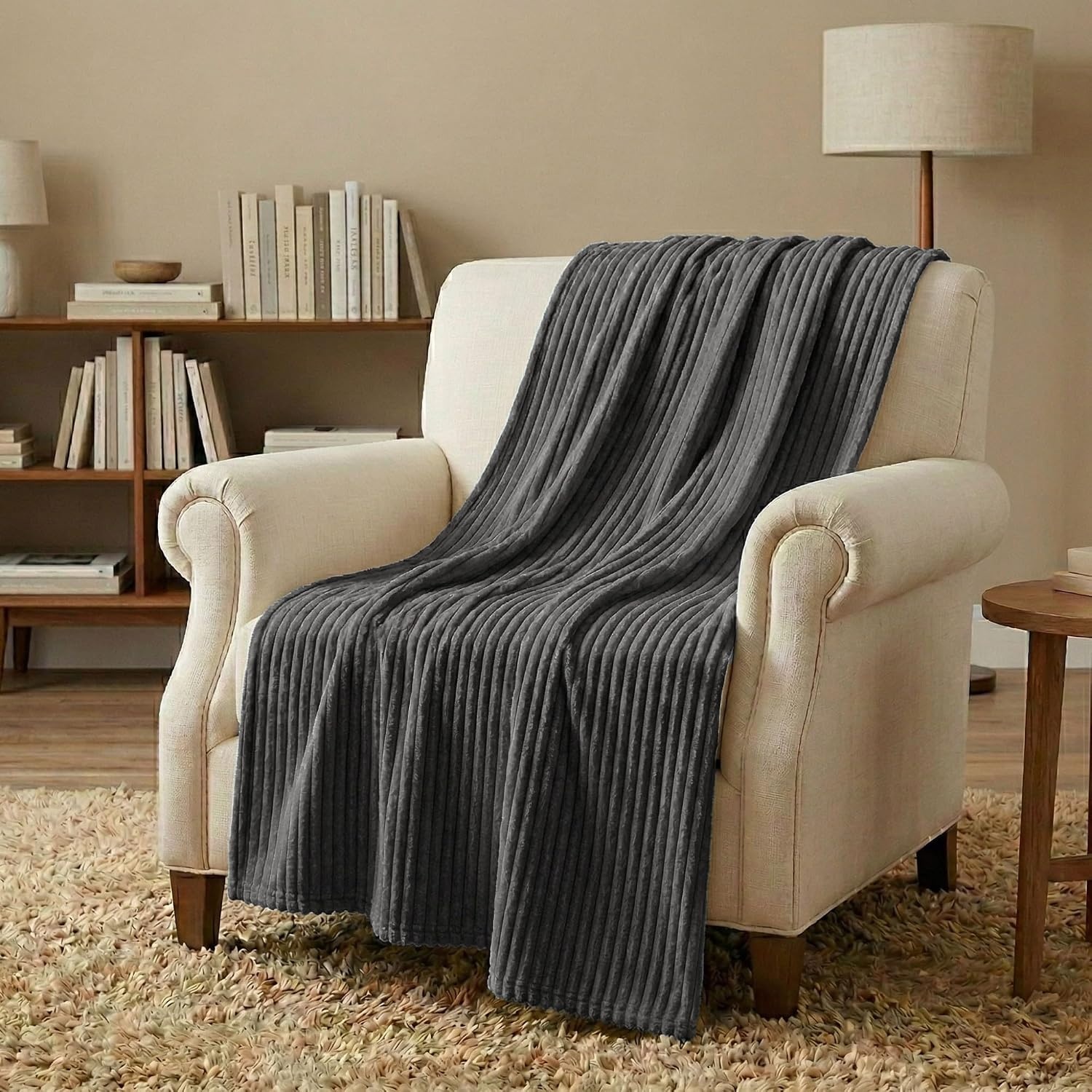 image:imageSuperior Kacey Ribbed Fluffy Fleece Blanket Textured Corduroy Style Tailored Throw for Couch Bed and Living Room Decor Bedroom Essentials Cozy Warm Thermal Cover King Size WhiteCharcoal