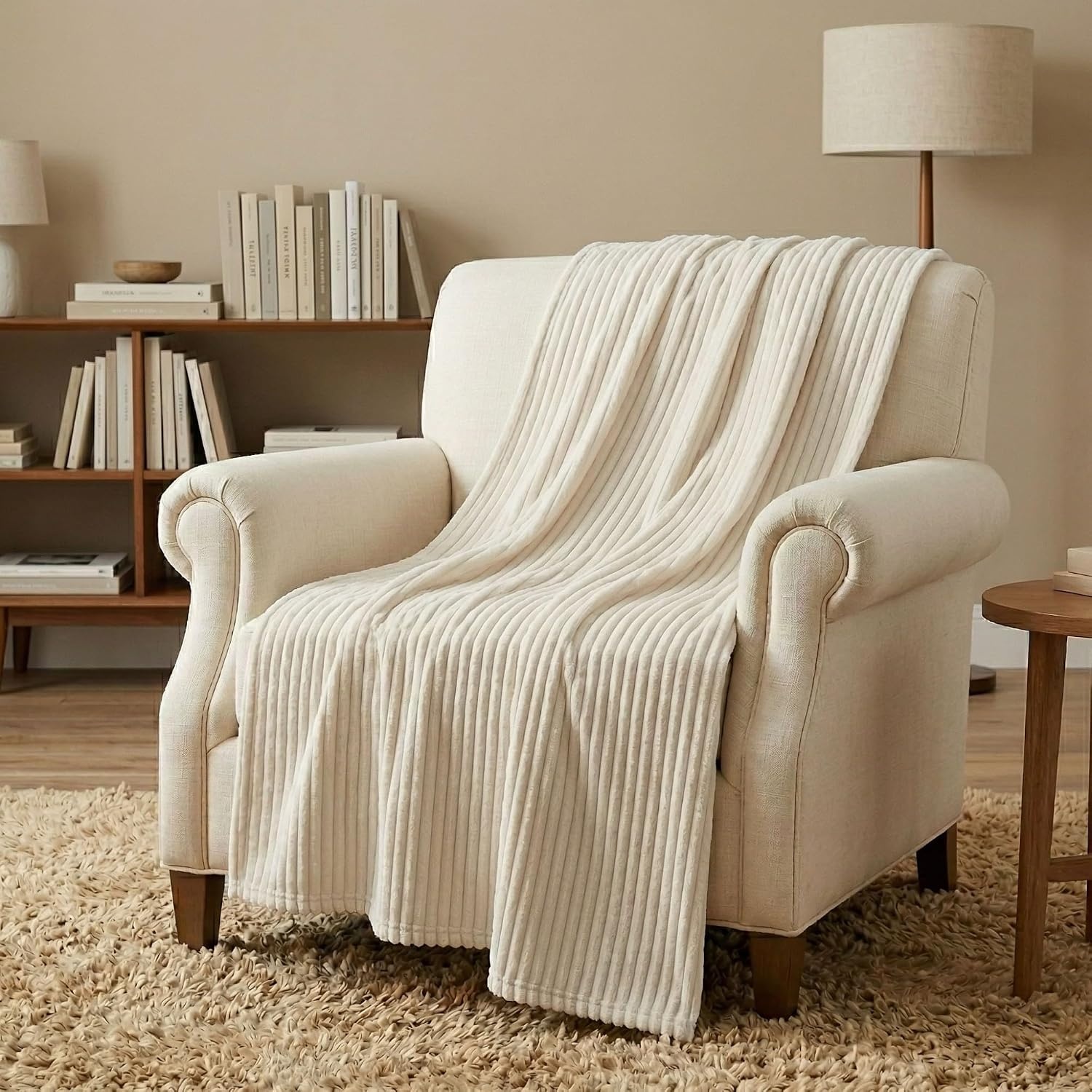 image:imageSuperior Kacey Ribbed Fluffy Fleece Blanket Textured Corduroy Style Tailored Throw for Couch Bed and Living Room Decor Bedroom Essentials Cozy Warm Thermal Cover King Size WhiteIvory