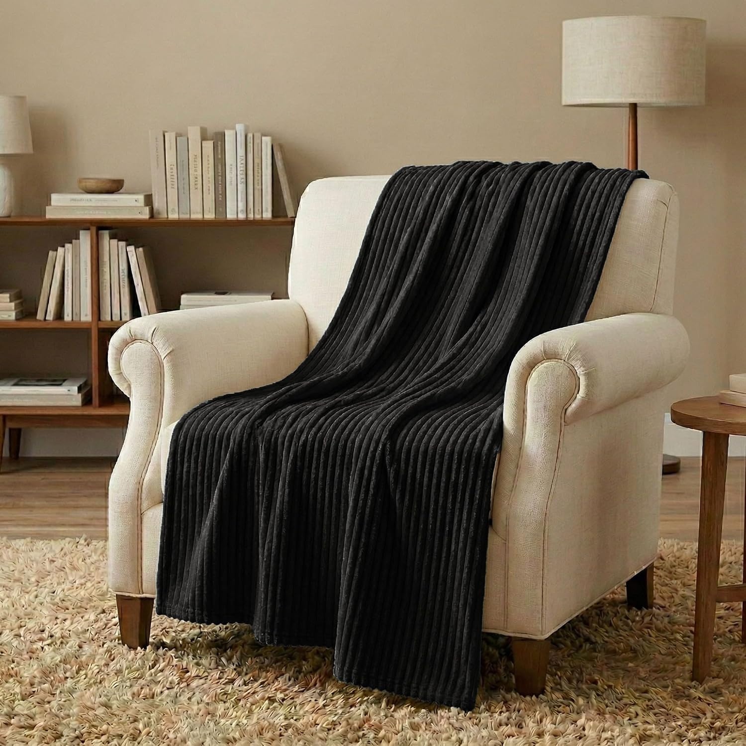 image:imageSuperior Kacey Ribbed Fluffy Fleece Blanket Textured Corduroy Style Tailored Throw for Couch Bed and Living Room Decor Bedroom Essentials Cozy Warm Thermal Cover King Size WhiteBlack