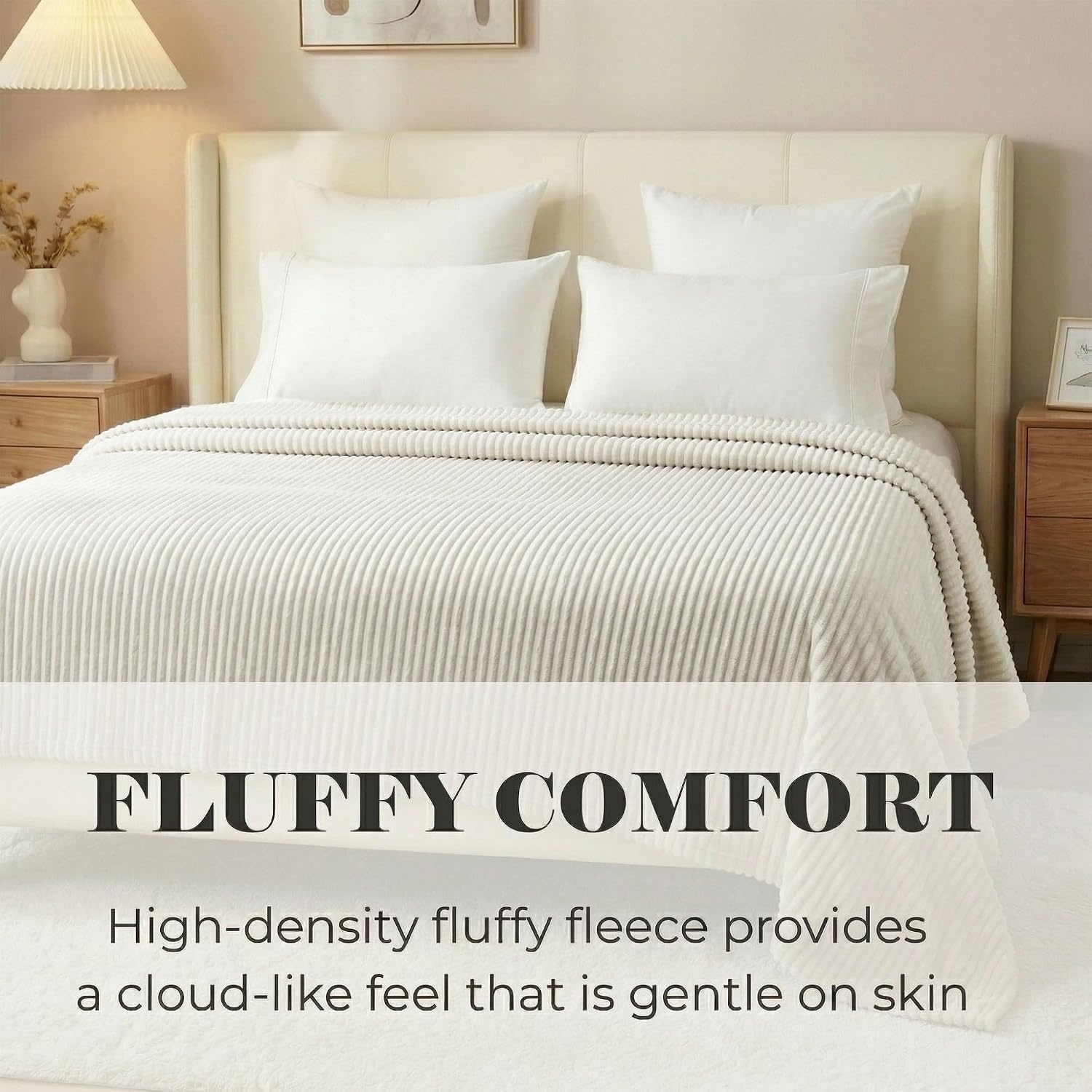image:imageSuperior Kacey Ribbed Fluffy Fleece Blanket Textured Corduroy Style Tailored Throw for Couch Bed and Living Room Decor Bedroom Essentials Cozy Warm Thermal Cover King Size WhiteIvory