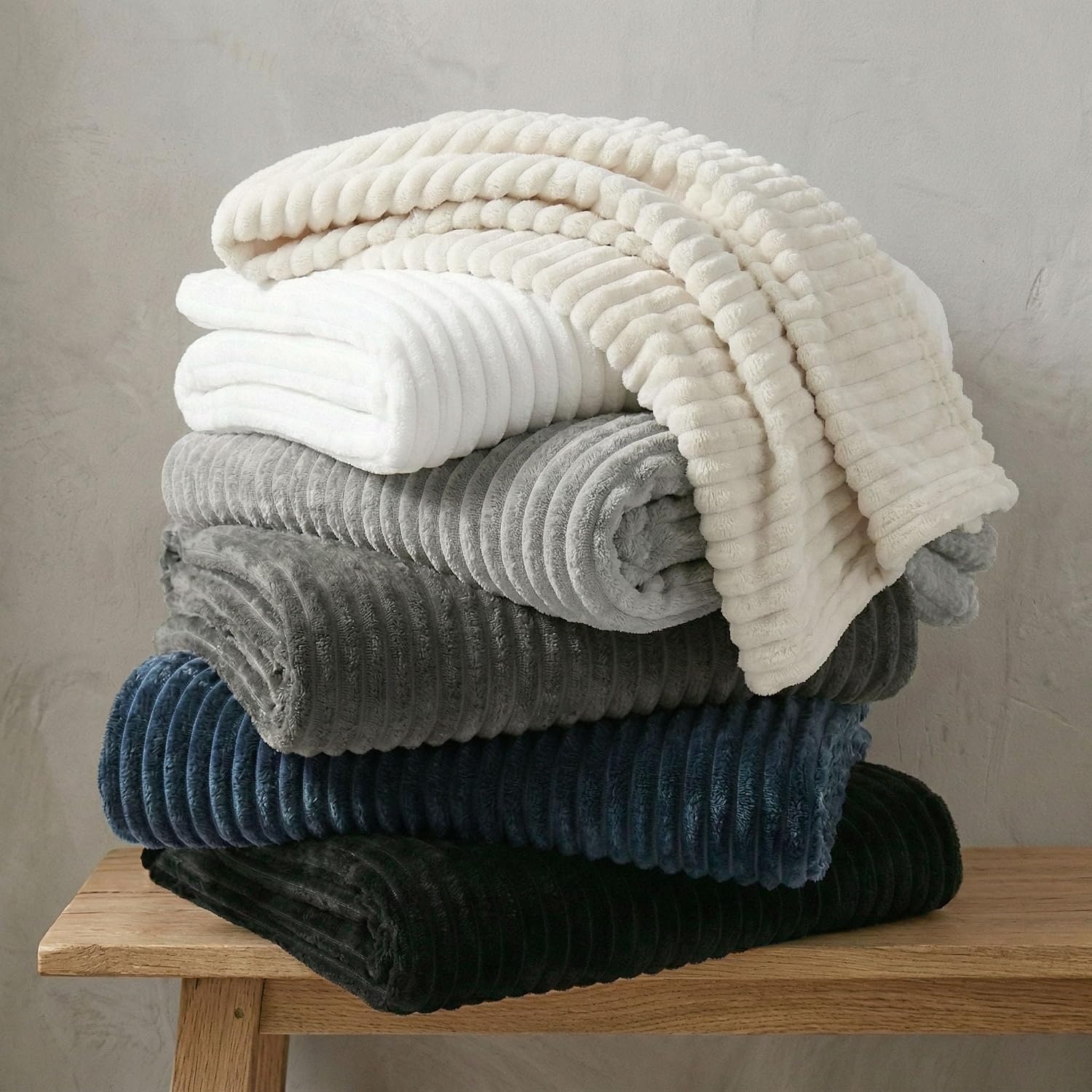 image:imageSuperior Kacey Ribbed Fluffy Fleece Blanket Textured Corduroy Style Tailored Throw for Couch Bed and Living Room Decor Bedroom Essentials Cozy Warm Thermal Cover King Size WhiteBlack