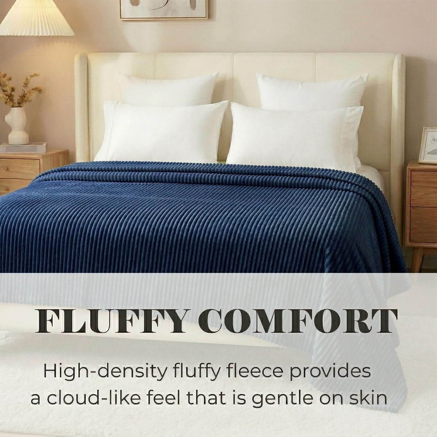 image:imageSuperior Kacey Ribbed Fluffy Fleece Blanket Textured Corduroy Style Tailored Throw for Couch Bed and Living Room Decor Bedroom Essentials Cozy Warm Thermal Cover King Size WhiteNavy Blue