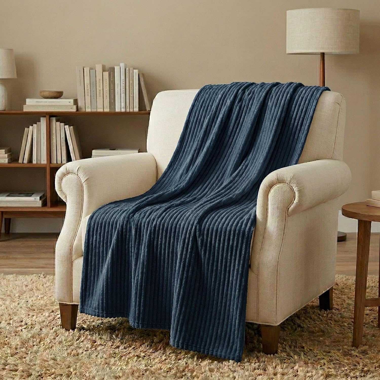 image:imageSuperior Kacey Ribbed Fluffy Fleece Blanket Textured Corduroy Style Tailored Throw for Couch Bed and Living Room Decor Bedroom Essentials Cozy Warm Thermal Cover King Size WhiteNavy Blue