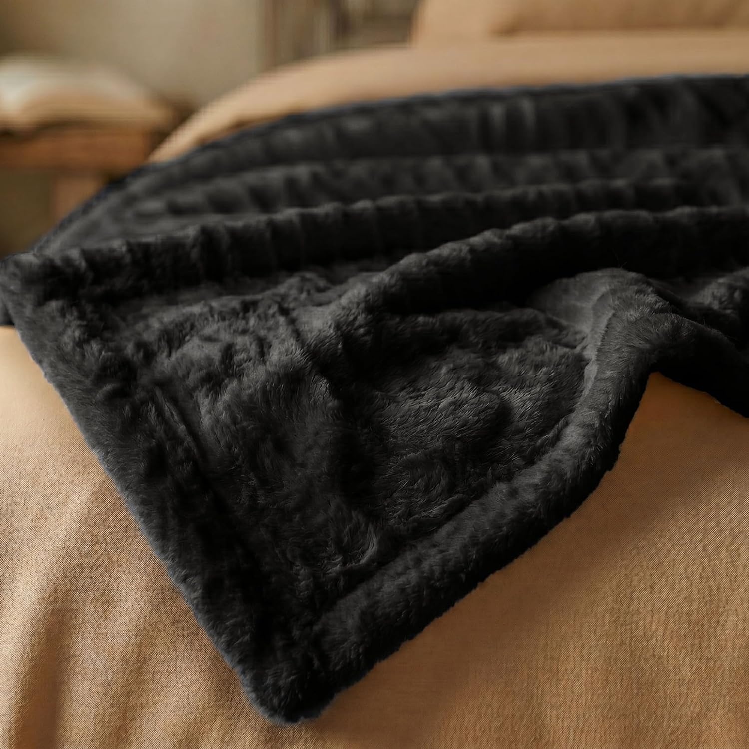 image:imageSuperior Kacey Ribbed Fluffy Fleece Blanket Textured Corduroy Style Tailored Throw for Couch Bed and Living Room Decor Bedroom Essentials Cozy Warm Thermal Cover King Size WhiteBlack