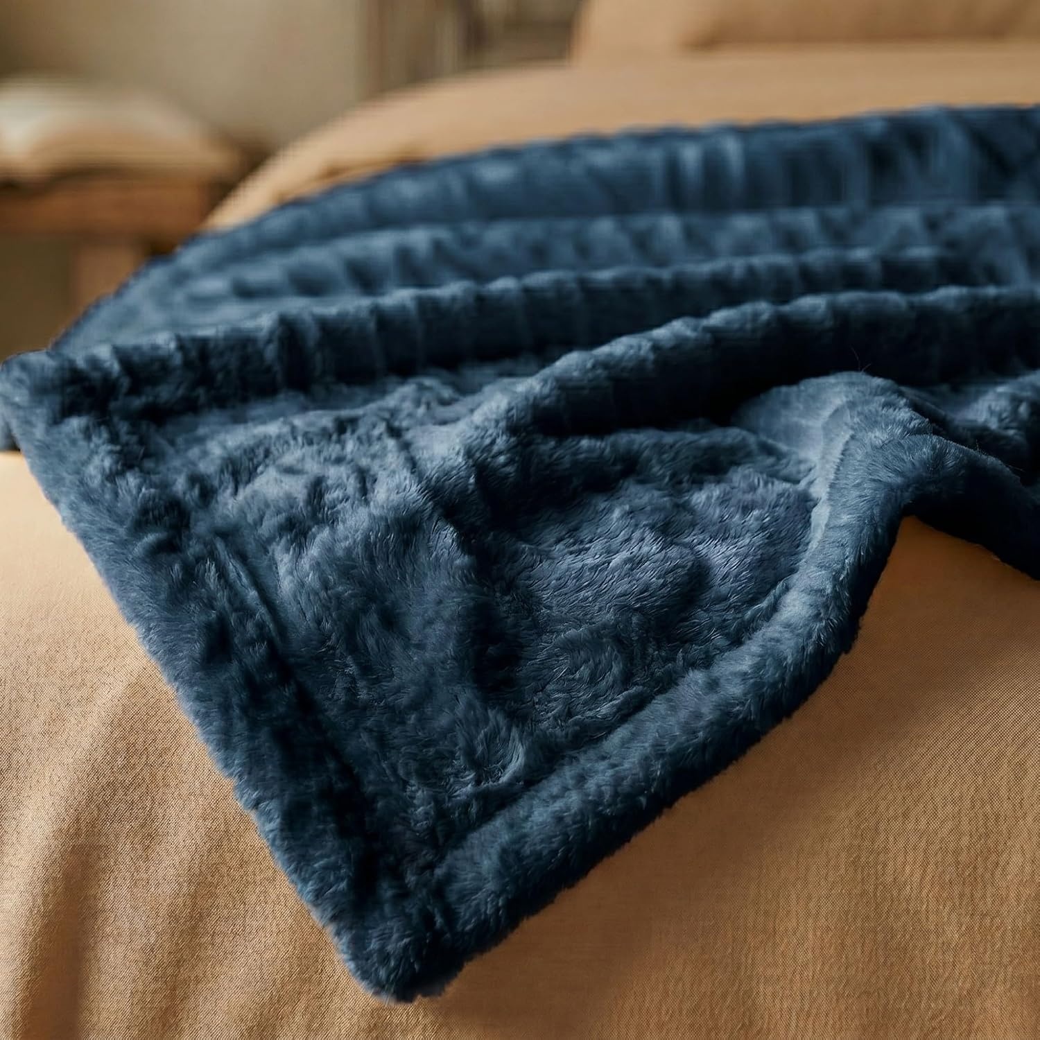 image:imageSuperior Kacey Ribbed Fluffy Fleece Blanket Textured Corduroy Style Tailored Throw for Couch Bed and Living Room Decor Bedroom Essentials Cozy Warm Thermal Cover King Size WhiteNavy Blue