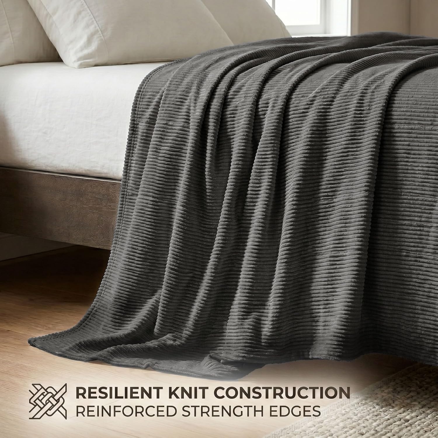 image:imageSuperior Kacey Ribbed Fluffy Fleece Blanket Textured Corduroy Style Tailored Throw for Couch Bed and Living Room Decor Bedroom Essentials Cozy Warm Thermal Cover King Size WhiteCharcoal