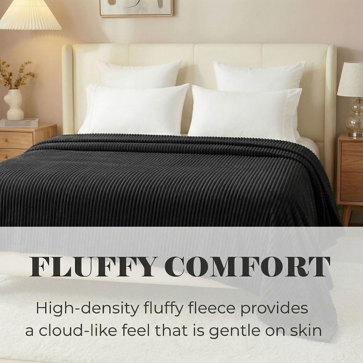 image:imageSuperior Kacey Ribbed Fluffy Fleece Blanket Textured Corduroy Style Tailored Throw for Couch Bed and Living Room Decor Bedroom Essentials Cozy Warm Thermal Cover King Size WhiteBlack