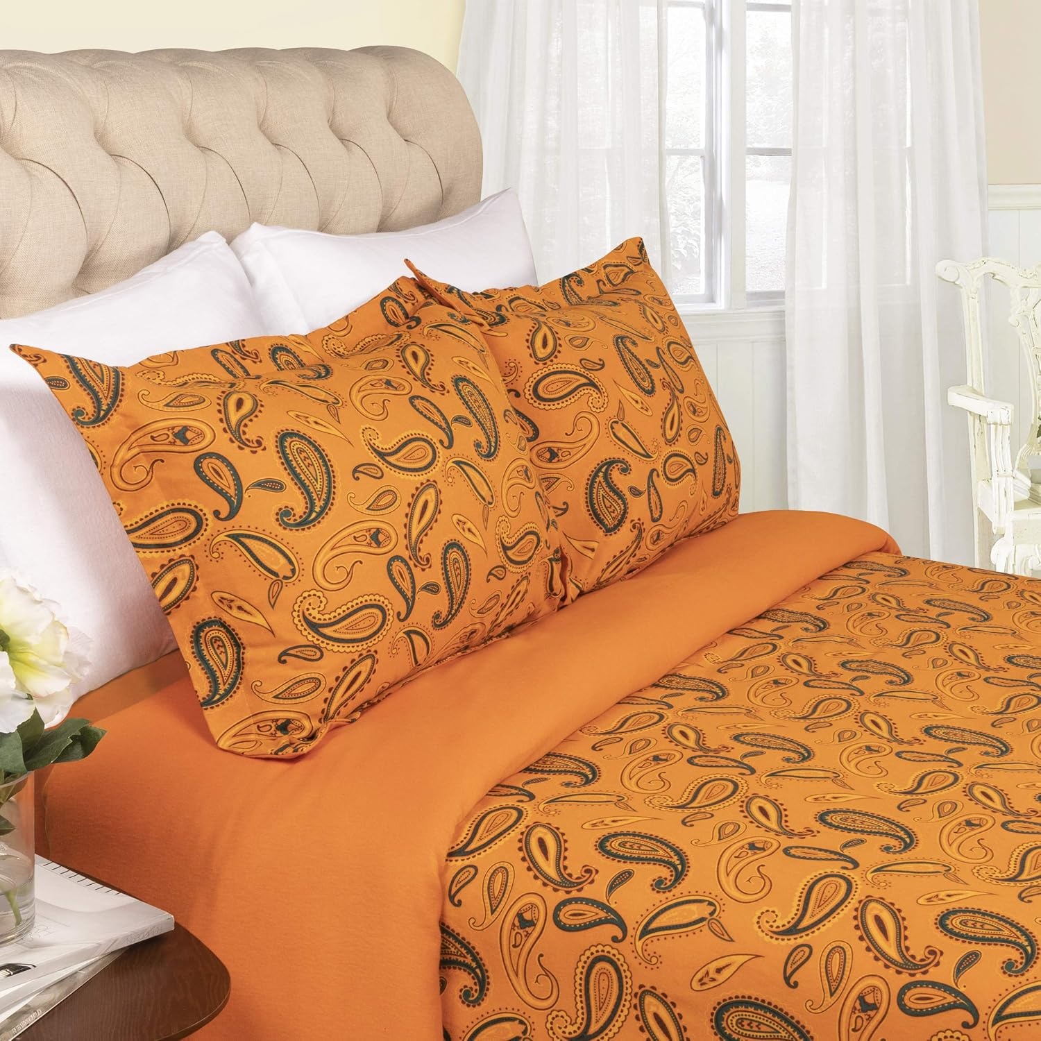 image:imageSuperior Paisley Flannel Cotton Duvet Cover Set Warm Fuzzy Comforter Cover Cozy Soft Floral Bedding Essentials Secure Button Closure Includes 1 Duvet Cover 2 Pillow Shams FullQueen Light BluePumpkin Z