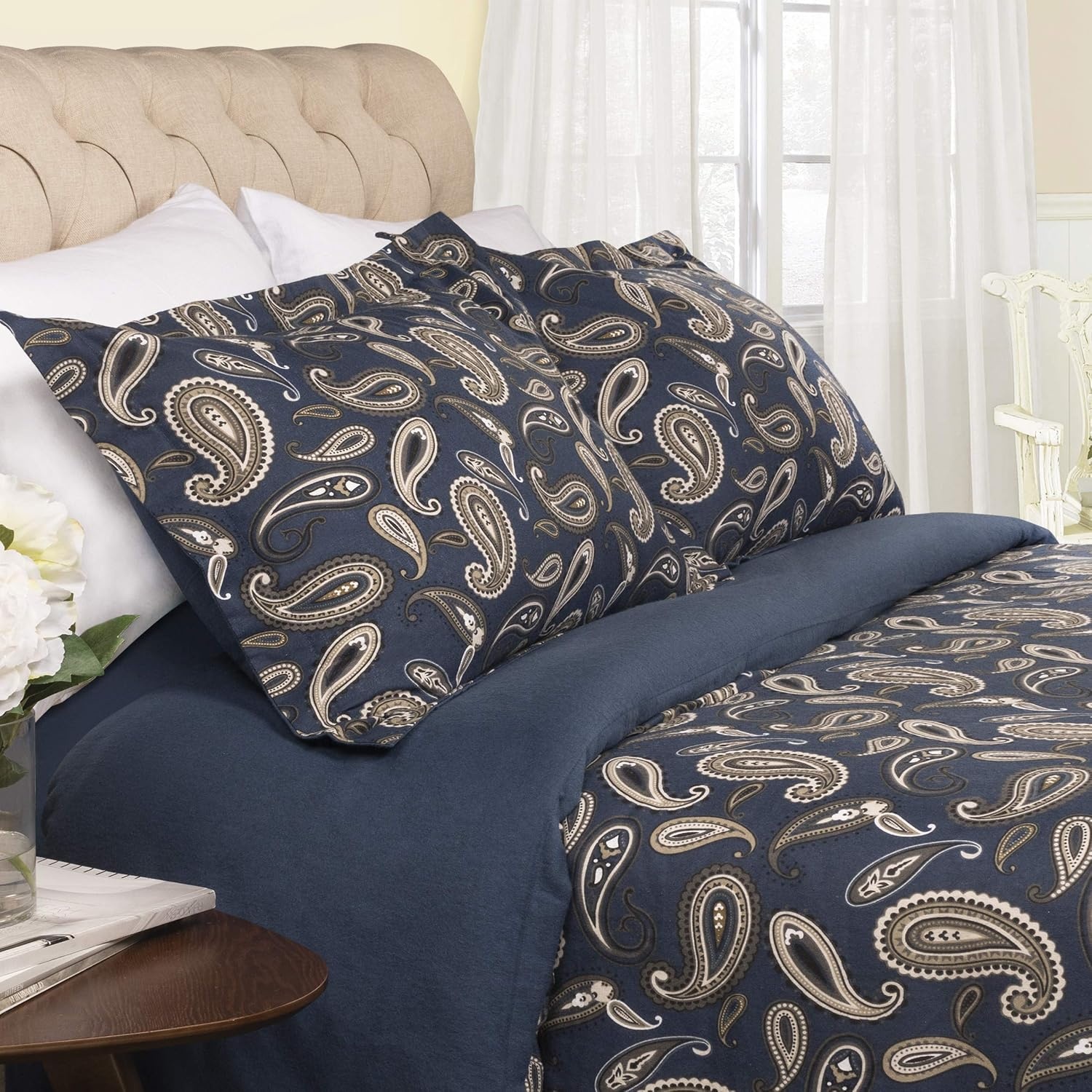 image:imageSuperior Paisley Flannel Cotton Duvet Cover Set Warm Fuzzy Comforter Cover Cozy Soft Floral Bedding Essentials Secure Button Closure Includes 1 Duvet Cover 2 Pillow Shams FullQueen Light BlueNavy Blue Z