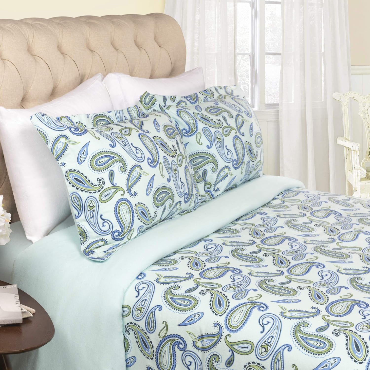 image:imageSuperior Paisley Flannel Cotton Duvet Cover Set Warm Fuzzy Comforter Cover Cozy Soft Floral Bedding Essentials Secure Button Closure Includes 1 Duvet Cover 2 Pillow Shams FullQueen Light BlueLight Blue Z