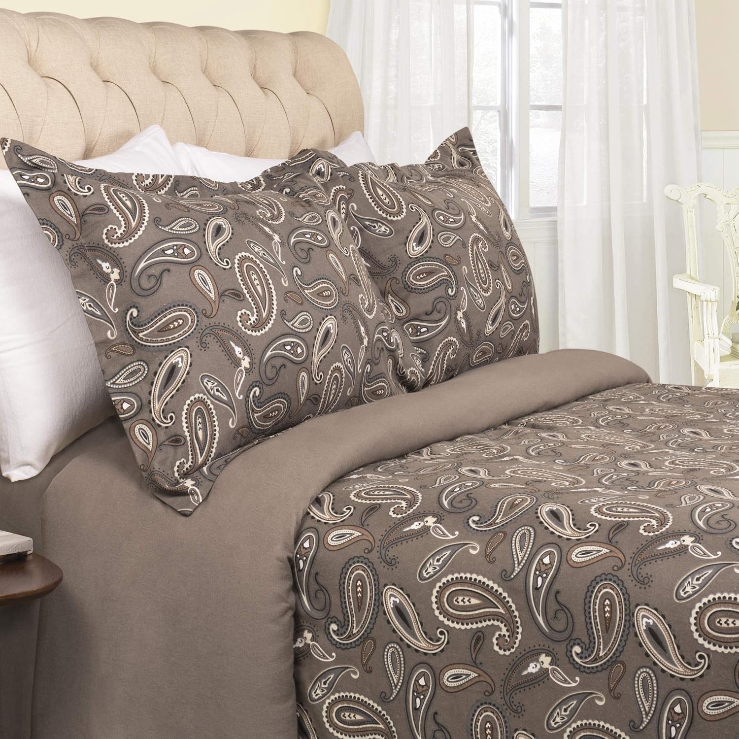 image:imageSuperior Paisley Flannel Cotton Duvet Cover Set Warm Fuzzy Comforter Cover Cozy Soft Floral Bedding Essentials Secure Button Closure Includes 1 Duvet Cover 2 Pillow Shams FullQueen Light BlueGrey Z