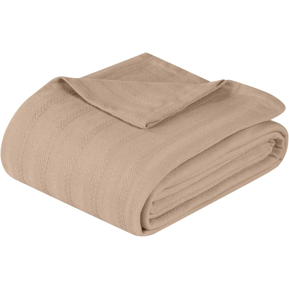 image:imageSUPERIOR Clara Cotton Blanket for Picnic Beach Traveling or Camping Bedroom Decor Essentials Cover for Bed Couch Lounging Textured Jacquard Striped Woven Blanket Twin IvoryKhaki
