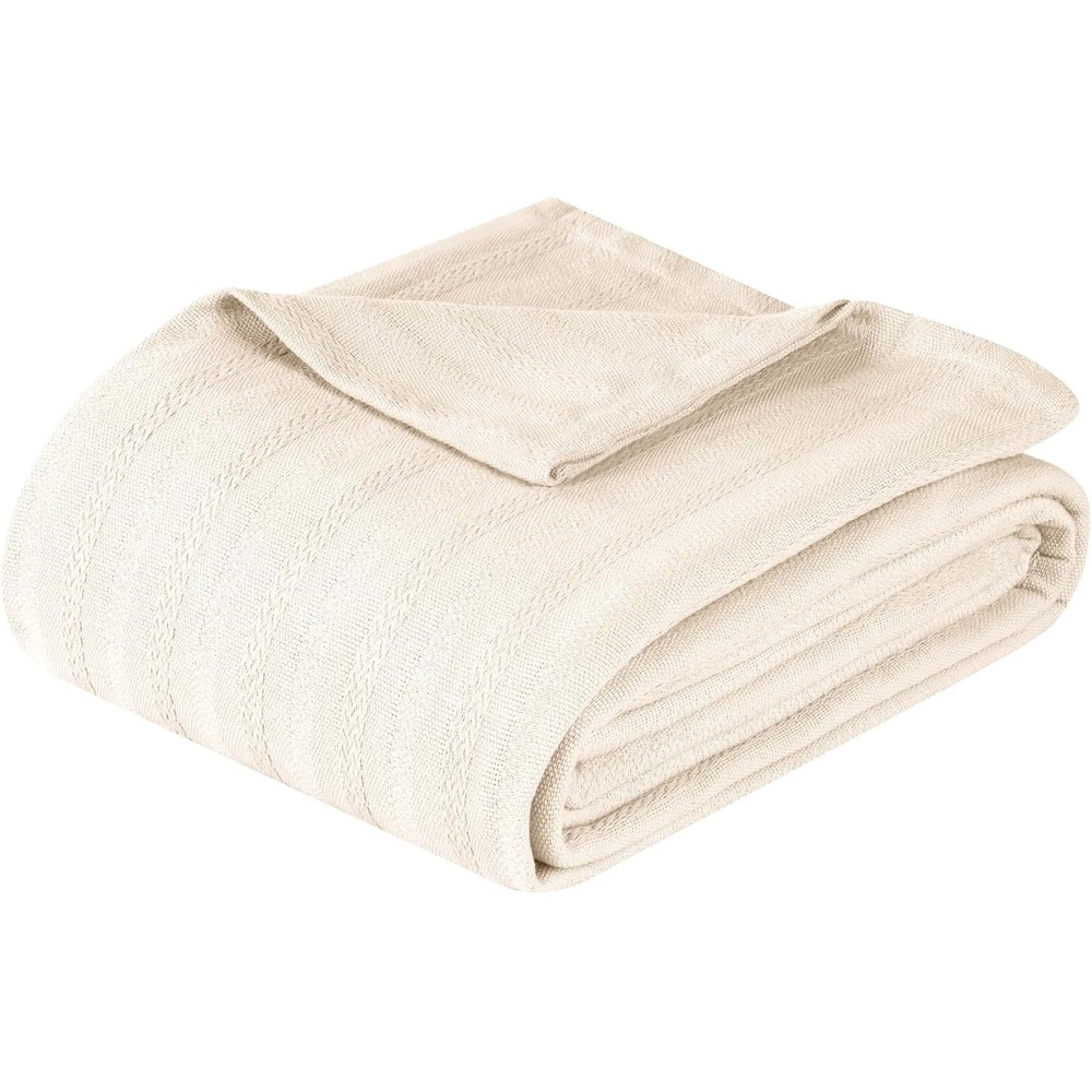 image:imageSUPERIOR Clara Cotton Blanket for Picnic Beach Traveling or Camping Bedroom Decor Essentials Cover for Bed Couch Lounging Textured Jacquard Striped Woven Blanket Twin IvoryIvory