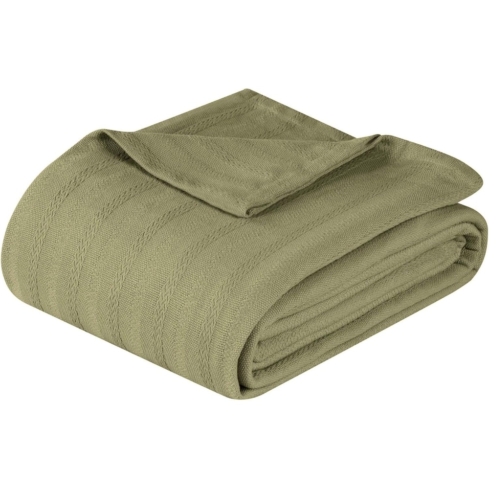 image:imageSUPERIOR Clara Cotton Blanket for Picnic Beach Traveling or Camping Bedroom Decor Essentials Cover for Bed Couch Lounging Textured Jacquard Striped Woven Blanket Twin IvorySage