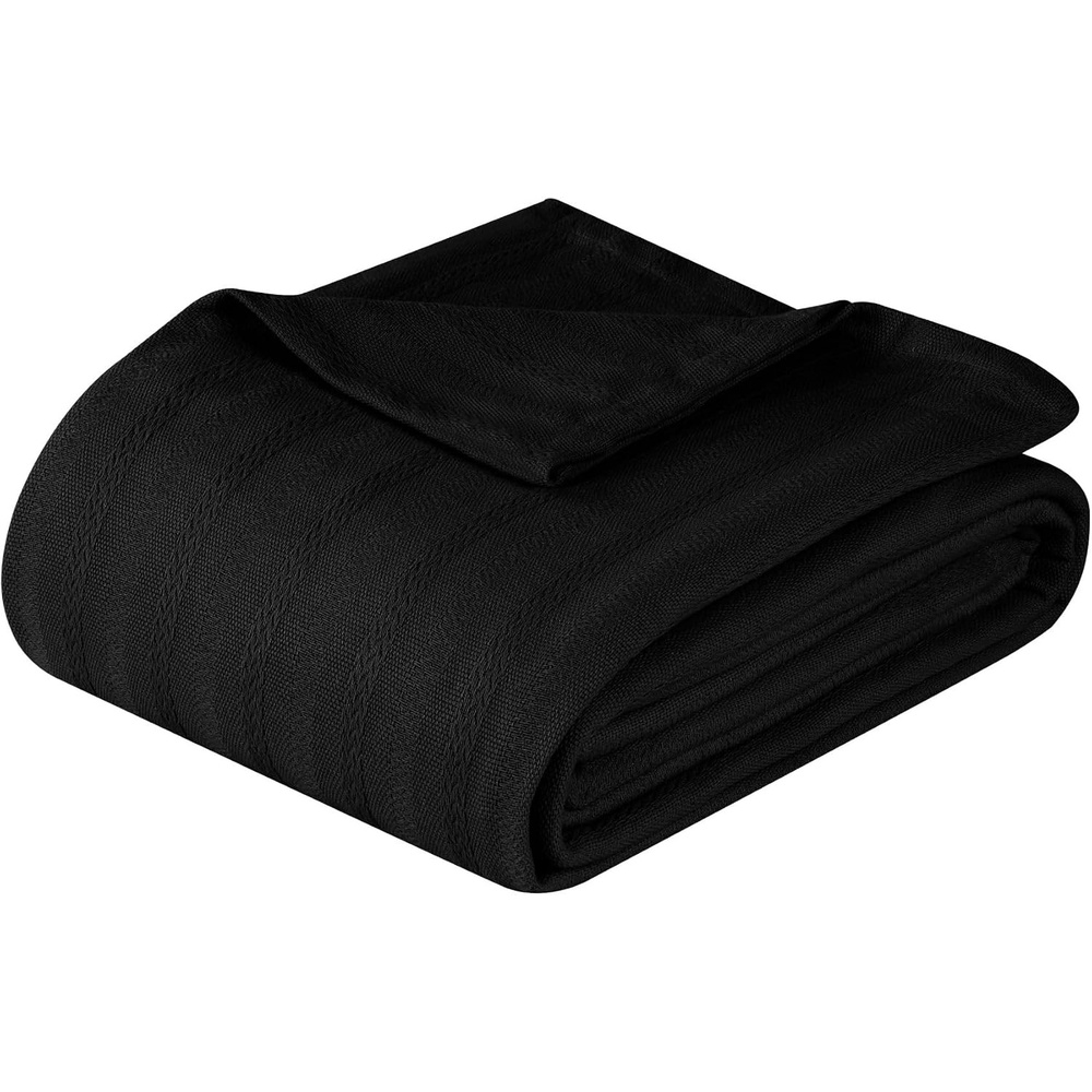 image:imageSUPERIOR Clara Cotton Blanket for Picnic Beach Traveling or Camping Bedroom Decor Essentials Cover for Bed Couch Lounging Textured Jacquard Striped Woven Blanket Twin IvoryBlack