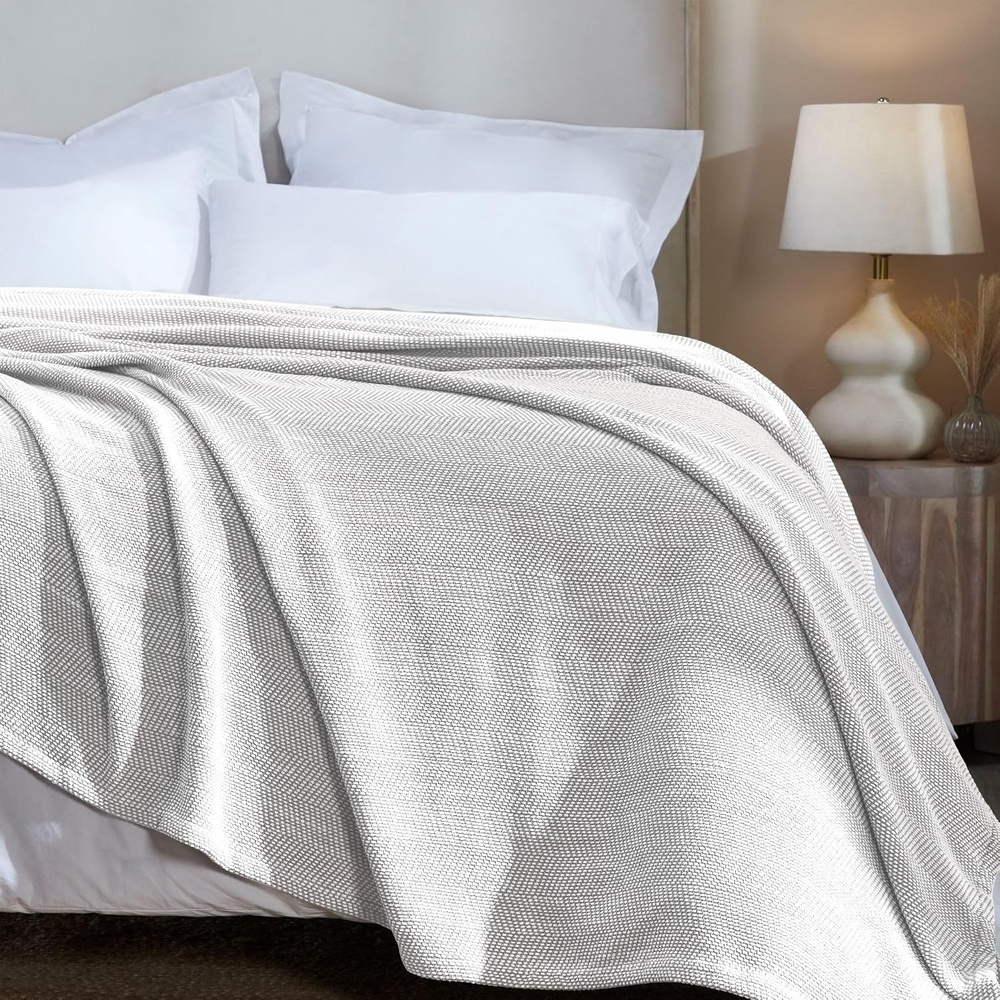 image:imageSUPERIOR Clara Cotton Blanket for Picnic Beach Traveling or Camping Bedroom Decor Essentials Cover for Bed Couch Lounging Textured Jacquard Striped Woven Blanket Twin IvoryGrey