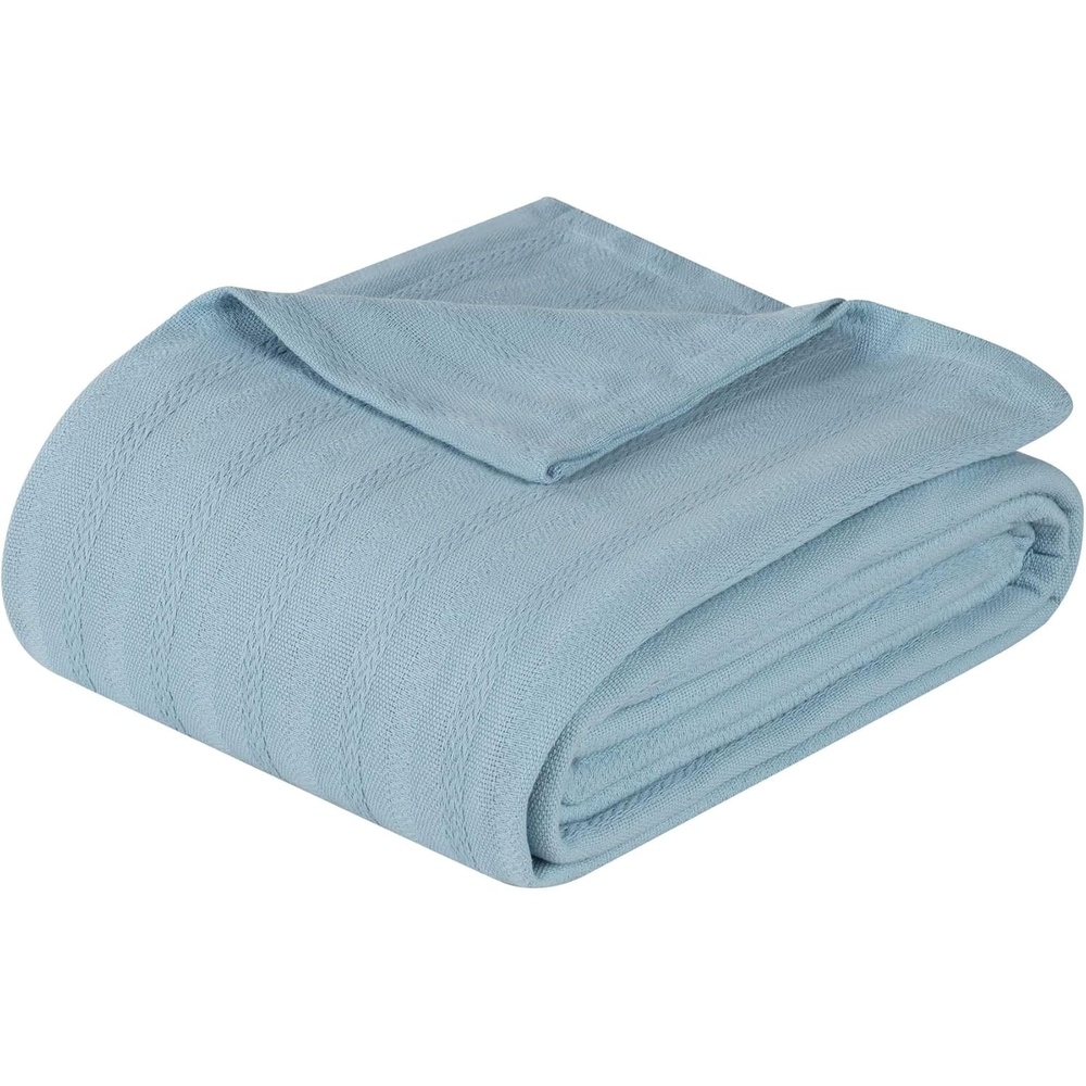 image:imageSUPERIOR Clara Cotton Blanket for Picnic Beach Traveling or Camping Bedroom Decor Essentials Cover for Bed Couch Lounging Textured Jacquard Striped Woven Blanket Twin IvoryLight Blue