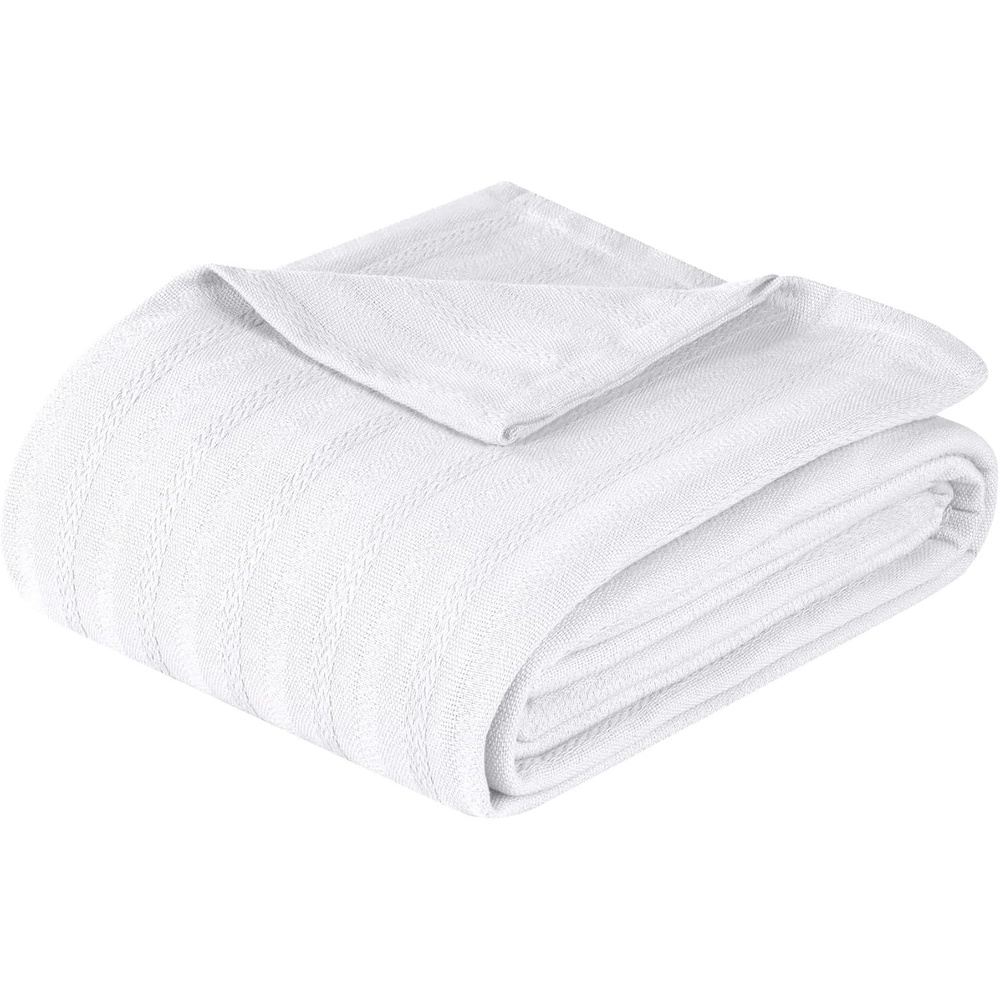 image:imageSUPERIOR Clara Cotton Blanket for Picnic Beach Traveling or Camping Bedroom Decor Essentials Cover for Bed Couch Lounging Textured Jacquard Striped Woven Blanket Twin IvoryWhite