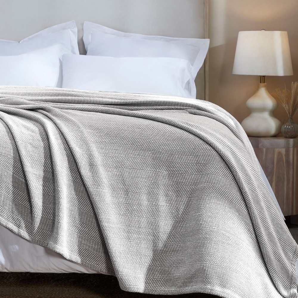 image:imageSUPERIOR Clara Cotton Blanket for Picnic Beach Traveling or Camping Bedroom Decor Essentials Cover for Bed Couch Lounging Textured Jacquard Striped Woven Blanket Twin IvoryCharcoal